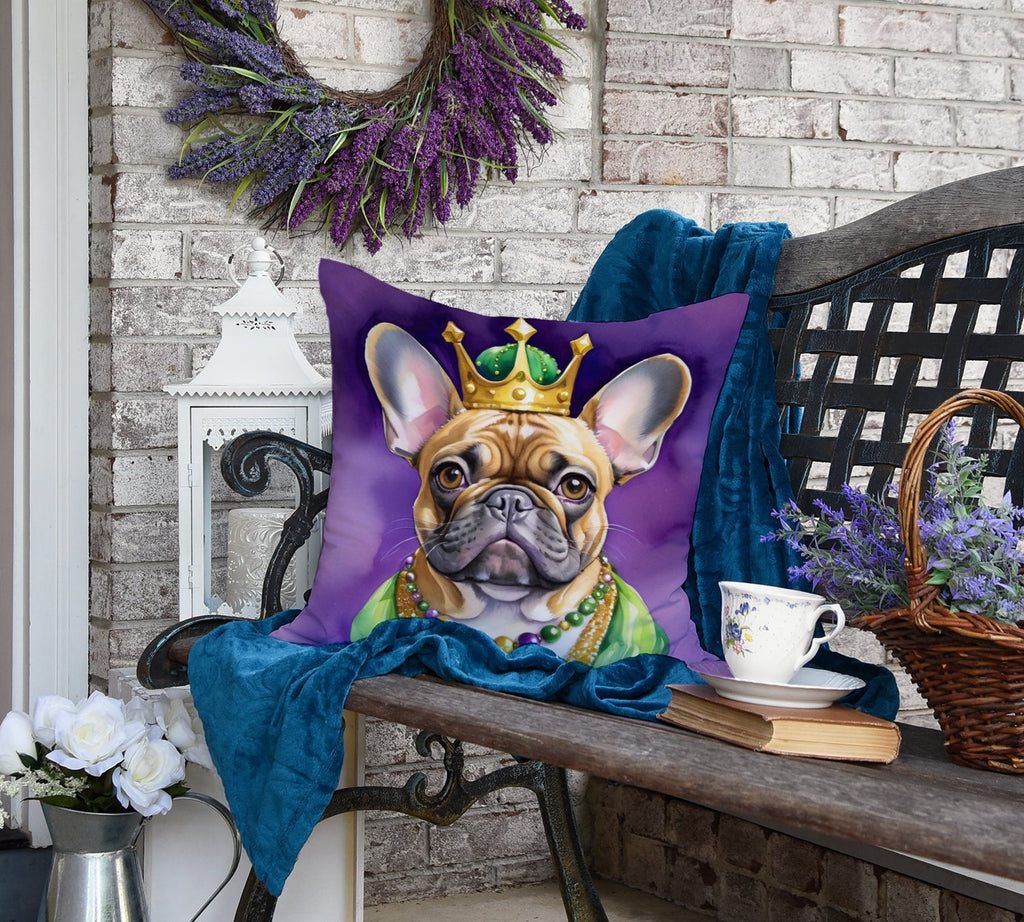 French Bulldog King of Mardi Gras Decorative Throw Pillow 18x18 Indoor Outdoor Accent Cushion, Fabric Cover with Insert for Sofa, Bed, Porch & Living Room
