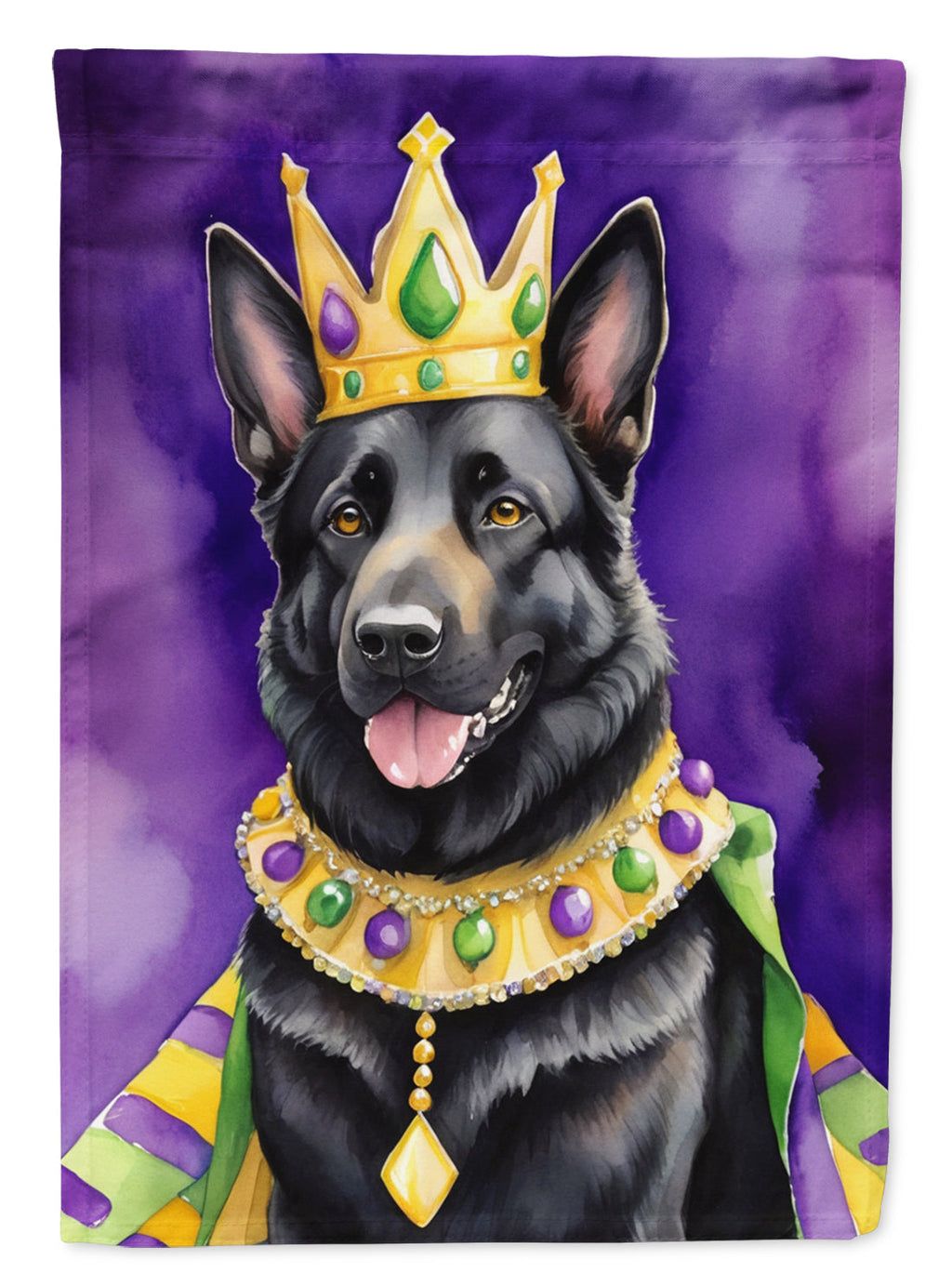 Black German Shepherd King of Mardi Gras House Flag 28x40 Porch Sleeve Pole Decorative Outside Yard Banner Artwork Wall Hanging, Polyester