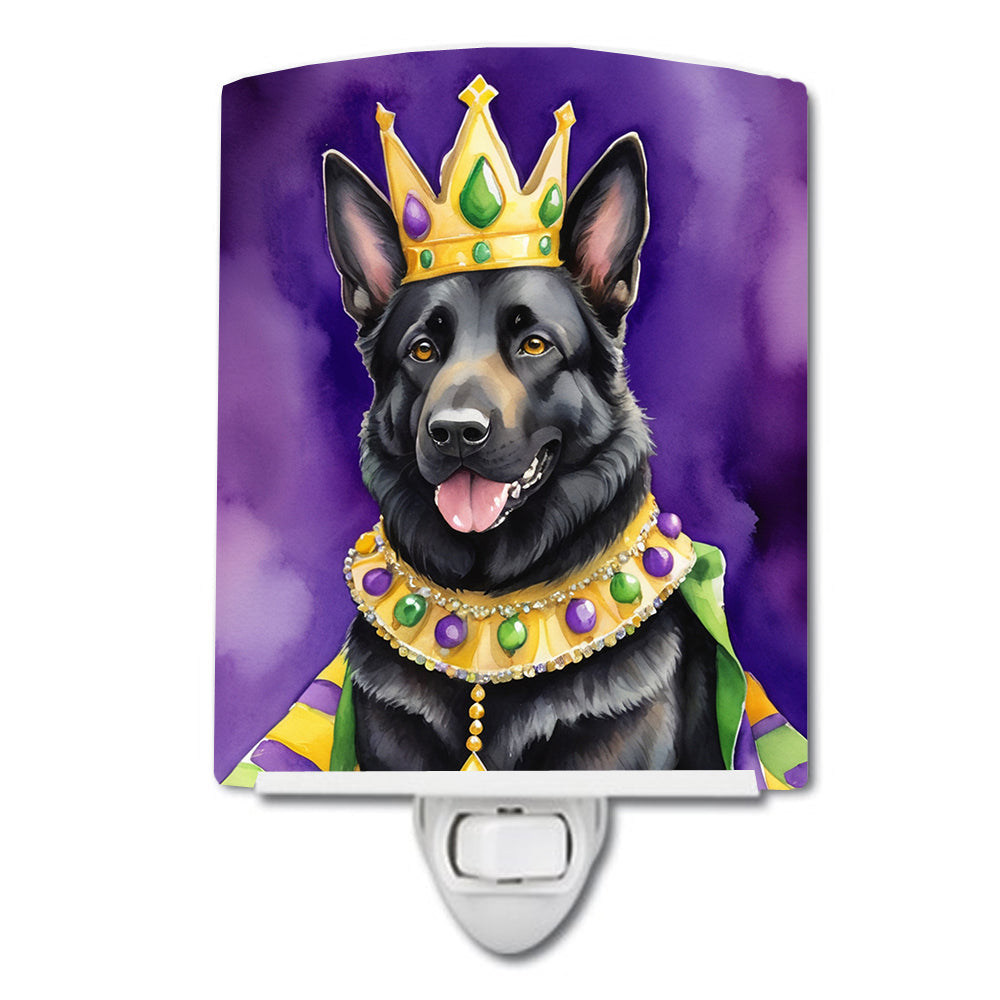 Black German Shepherd King of Mardi Gras Ceramic Night Light Compact, UL-Certified, Ideal for Bedroom, Bathroom, Nursery, Hallway, Kitchen, 6x4x3, Multicolor
