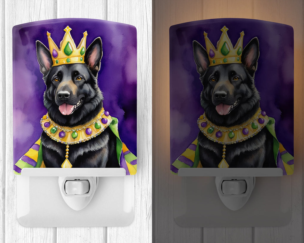 Black German Shepherd King of Mardi Gras Ceramic Night Light Compact, UL-Certified, Ideal for Bedroom, Bathroom, Nursery, Hallway, Kitchen, 6x4x3, Multicolor
