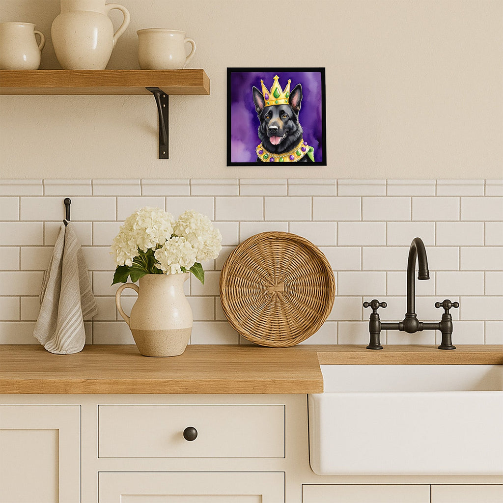 Black German Shepherd King of Mardi Gras Framed Metal Print Bathroom, Kitchen, Office, Home Decor Wall Art Ready to Hang, Square, 8X8