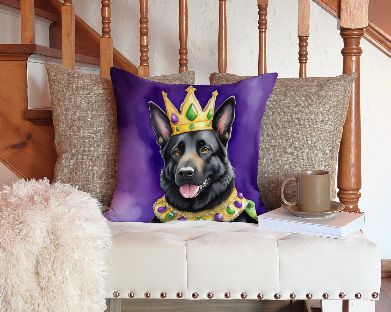 Black German Shepherd King of Mardi Gras Decorative Throw Pillow 14x14 Indoor Outdoor Accent Cushion, Fabric Cover with Insert for Sofa, Bed, Porch & Living Room
