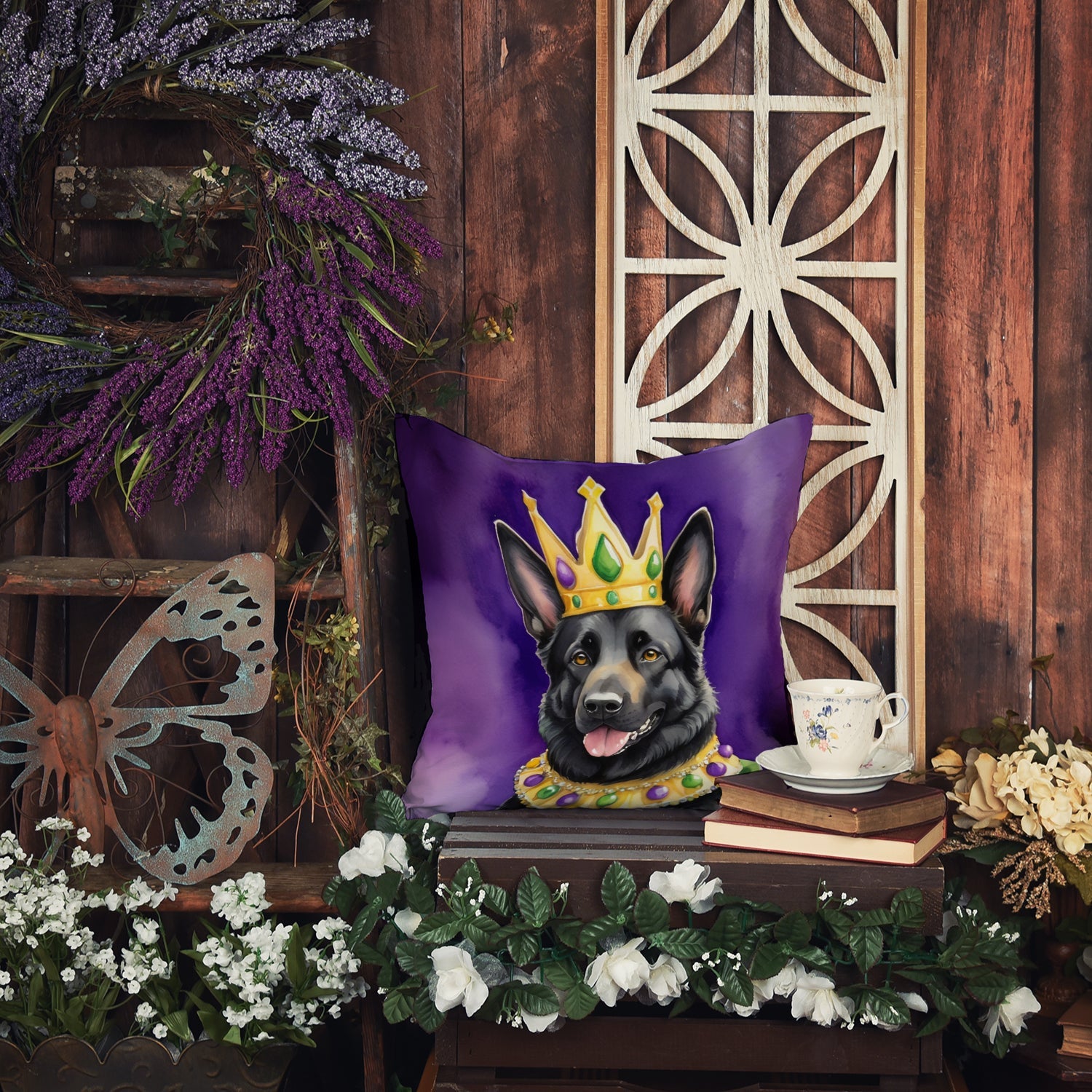 Black German Shepherd King of Mardi Gras Decorative Throw Pillow 14x14 Indoor Outdoor Accent Cushion, Fabric Cover with Insert for Sofa, Bed, Porch & Living Room