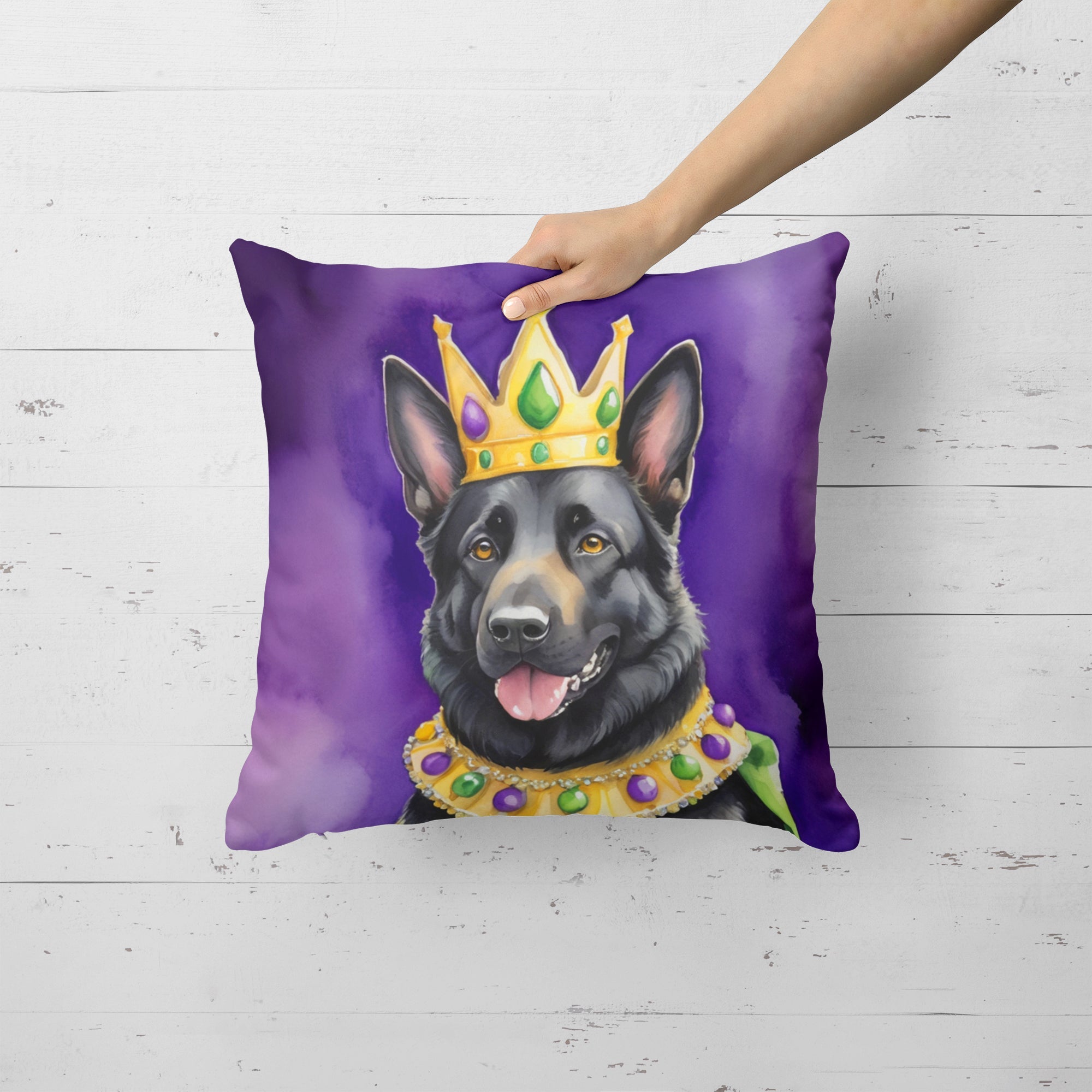 Black German Shepherd King of Mardi Gras Decorative Throw Pillow 18x18 Indoor Outdoor Accent Cushion, Fabric Cover with Insert for Sofa, Bed, Porch & Living Room