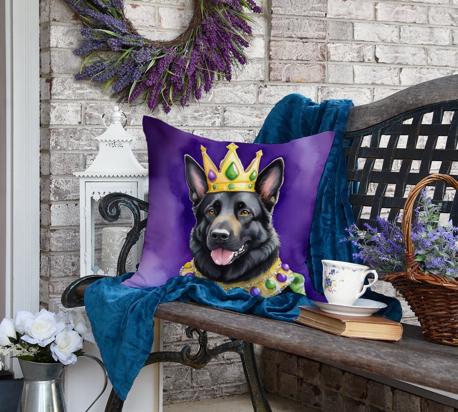 Black German Shepherd King of Mardi Gras Decorative Throw Pillow 18x18 Indoor Outdoor Accent Cushion, Fabric Cover with Insert for Sofa, Bed, Porch & Living Room