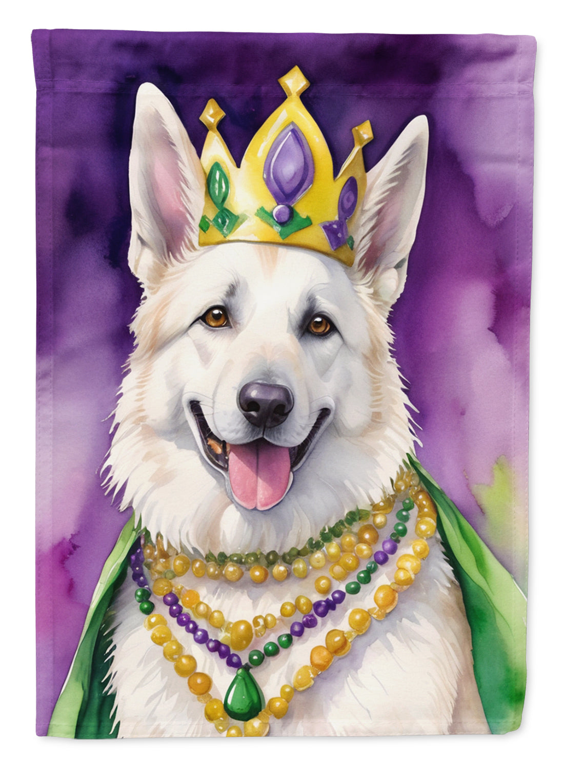 White German Shepherd King of Mardi Gras House Flag 28x40 Porch Sleeve Pole Decorative Outside Yard Banner Artwork Wall Hanging, Polyester