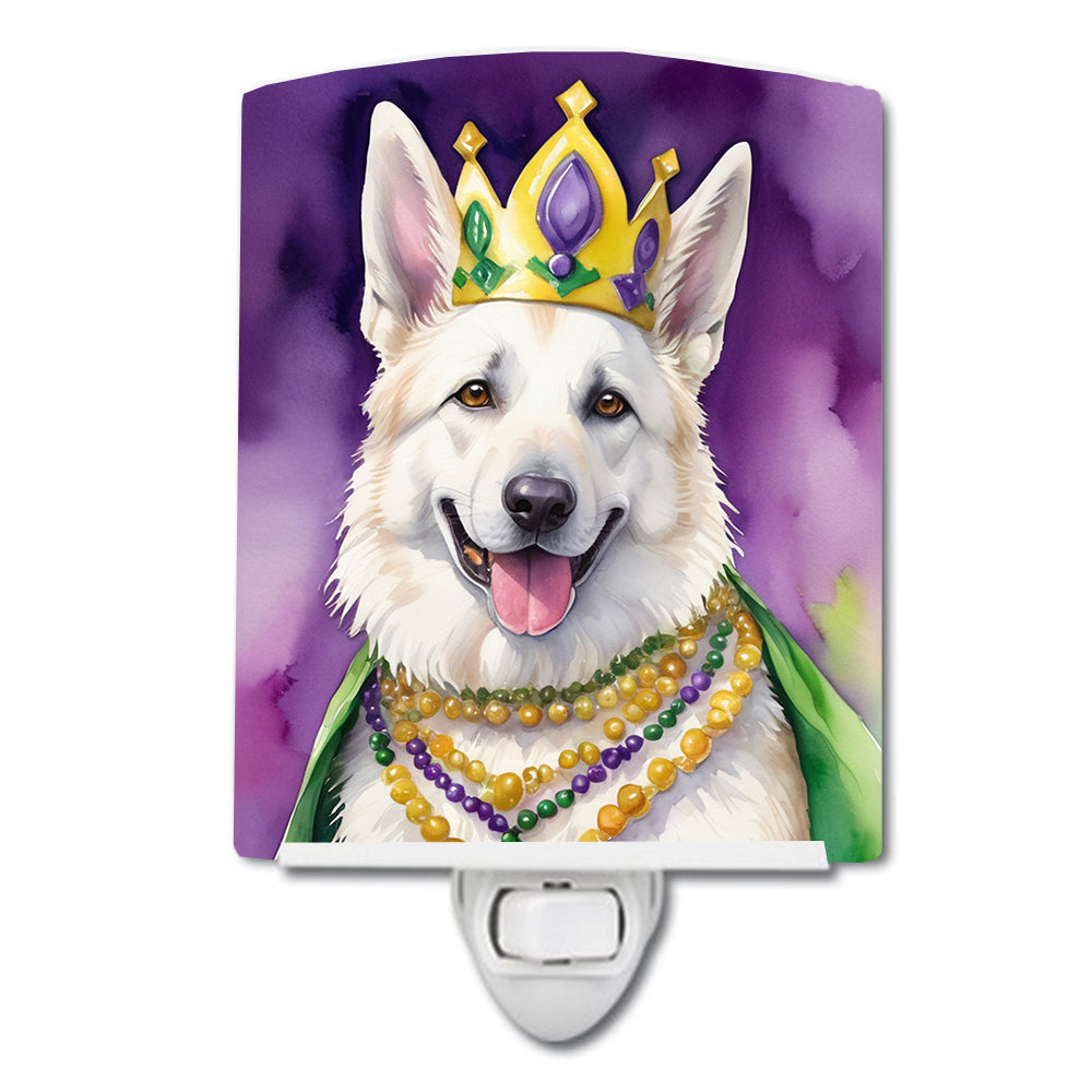 White German Shepherd King of Mardi Gras Ceramic Night Light Compact, UL-Certified, Ideal for Bedroom, Bathroom, Nursery, Hallway, Kitchen, 6x4x3, Multicolor