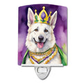 White German Shepherd King of Mardi Gras Ceramic Night Light Compact, UL-Certified, Ideal for Bedroom, Bathroom, Nursery, Hallway, Kitchen, 6x4x3, Multicolor