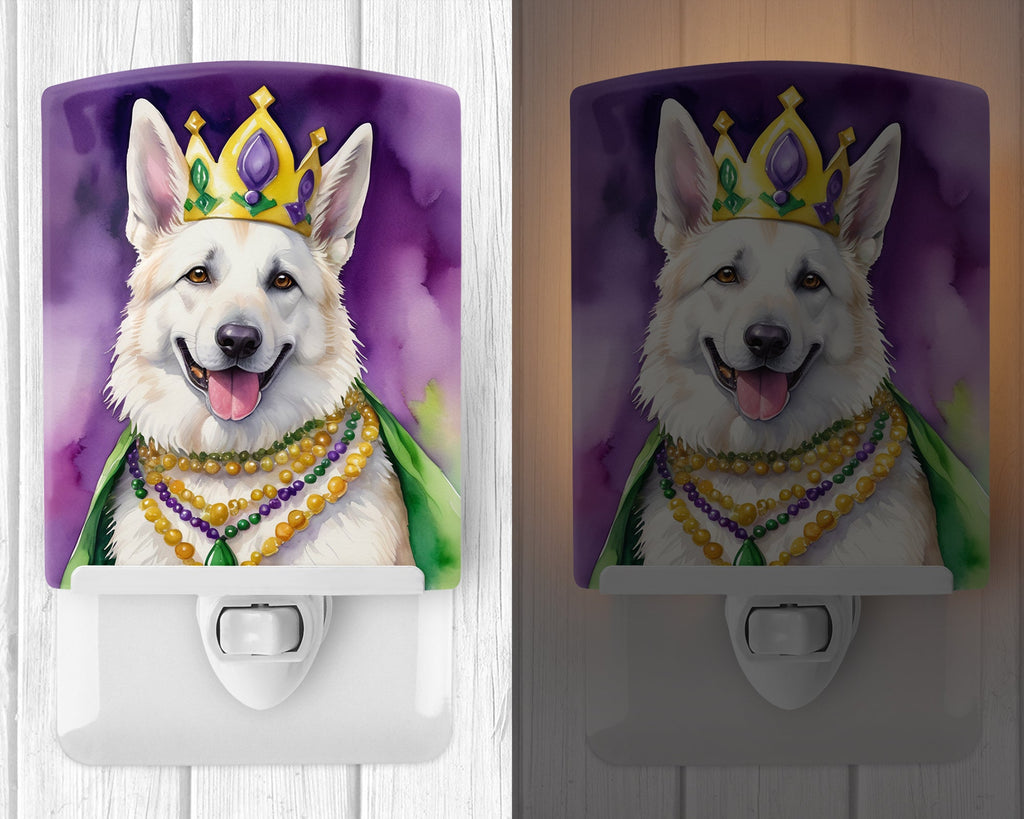 White German Shepherd King of Mardi Gras Ceramic Night Light Compact, UL-Certified, Ideal for Bedroom, Bathroom, Nursery, Hallway, Kitchen, 6x4x3, Multicolor