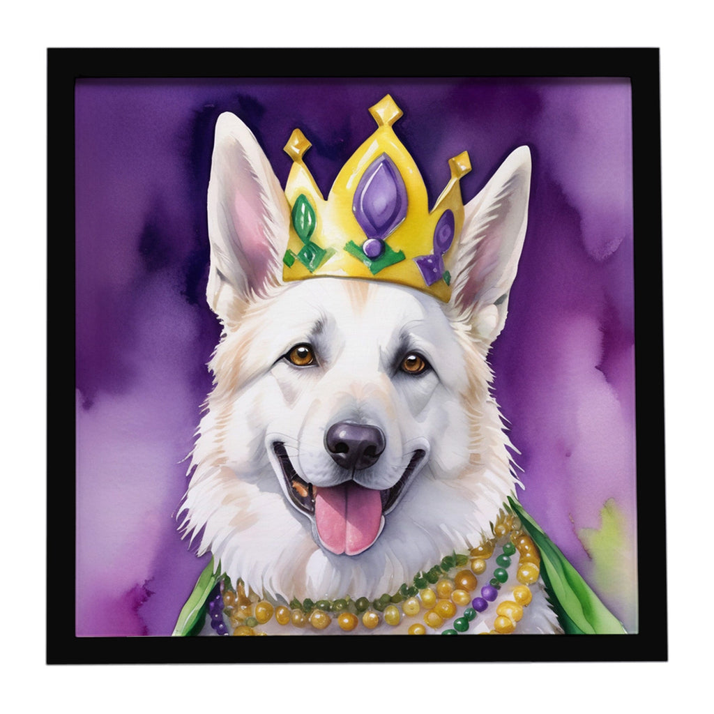 White German Shepherd King of Mardi Gras Framed Metal Print Bathroom, Kitchen, Office, Home Decor Wall Art Ready to Hang, Square, 8X8