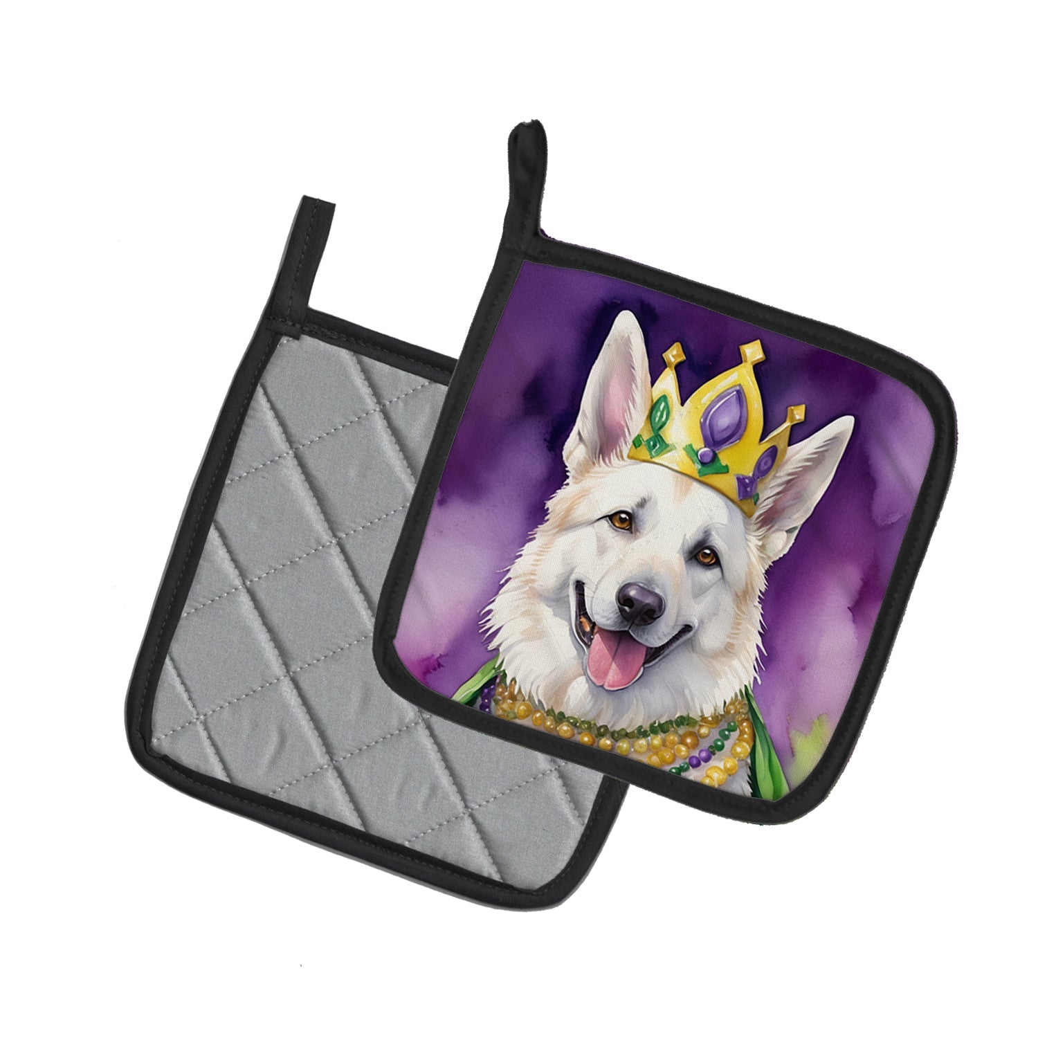 White German Shepherd King of Mardi Gras Pot Holder Set of 2 Heat Resistant Quilted Hot Pads 7.5 x 7.5 Inch, Insulated Kitchen Trivets for Cooking & Baking