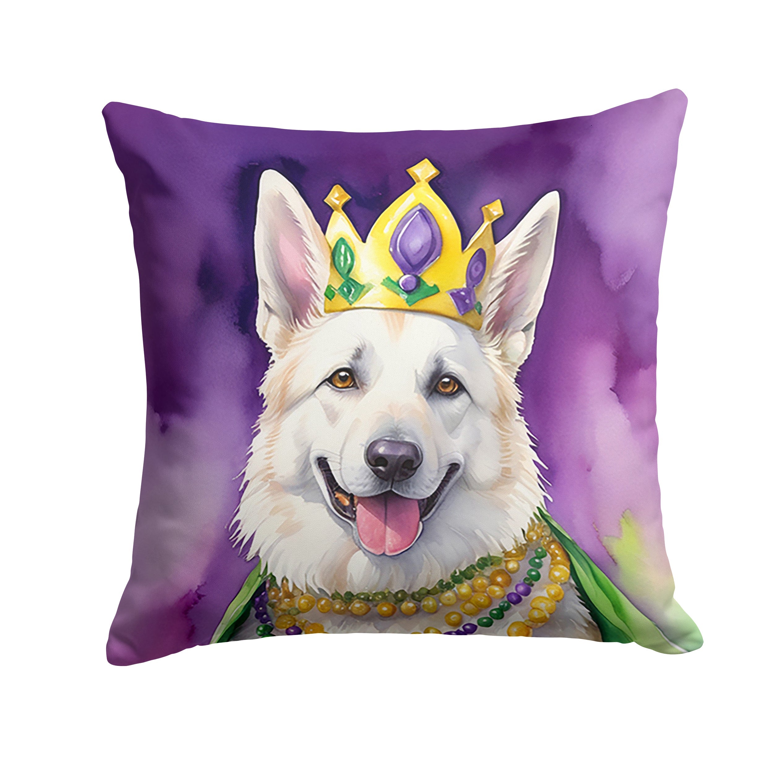 White German Shepherd King of Mardi Gras Decorative Throw Pillow 14x14 Indoor Outdoor Accent Cushion, Fabric Cover with Insert for Sofa, Bed, Porch & Living Room