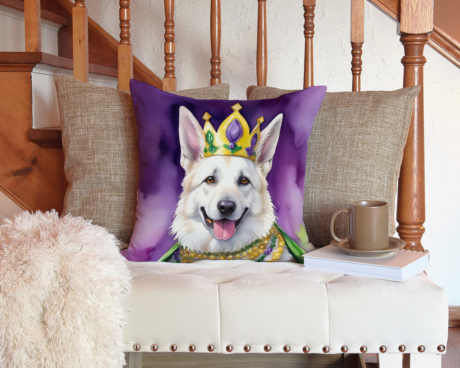 White German Shepherd King of Mardi Gras Decorative Throw Pillow 14x14 Indoor Outdoor Accent Cushion, Fabric Cover with Insert for Sofa, Bed, Porch & Living Room