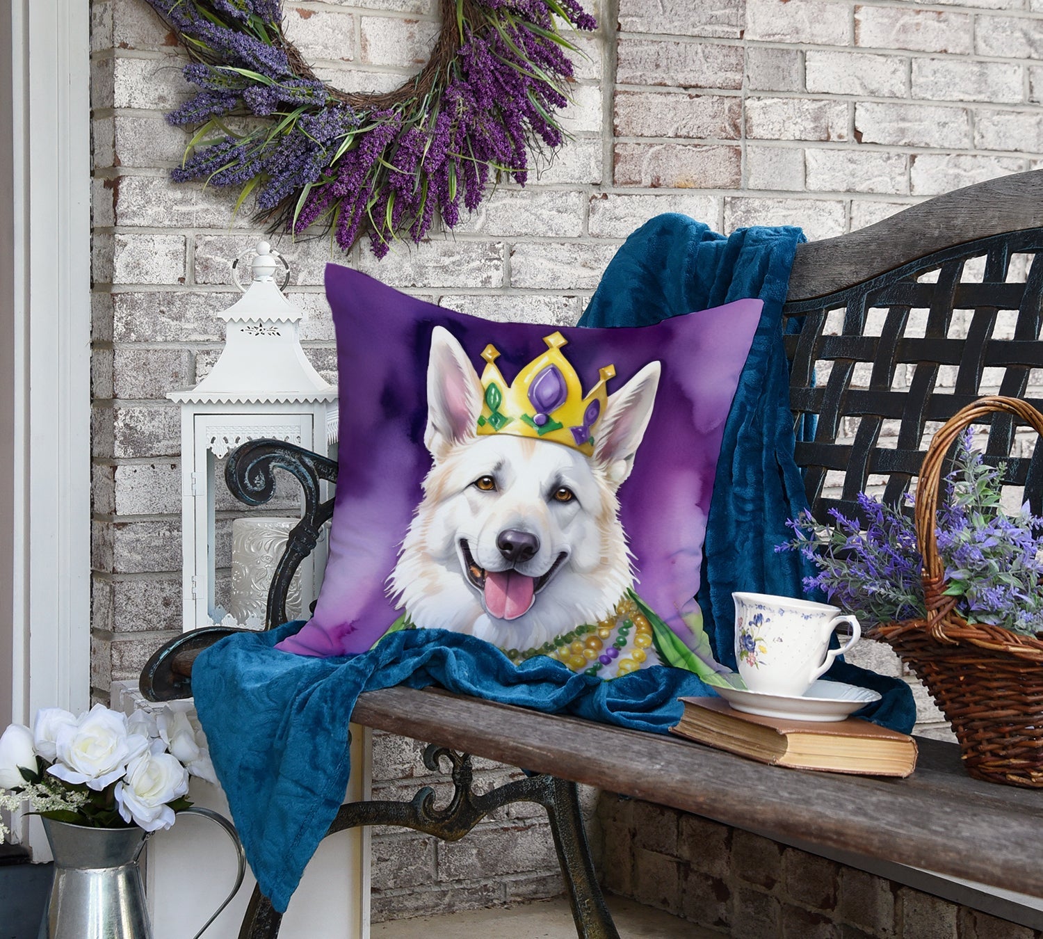 White German Shepherd King of Mardi Gras Decorative Throw Pillow 18x18 Indoor Outdoor Accent Cushion, Fabric Cover with Insert for Sofa, Bed, Porch & Living Room
