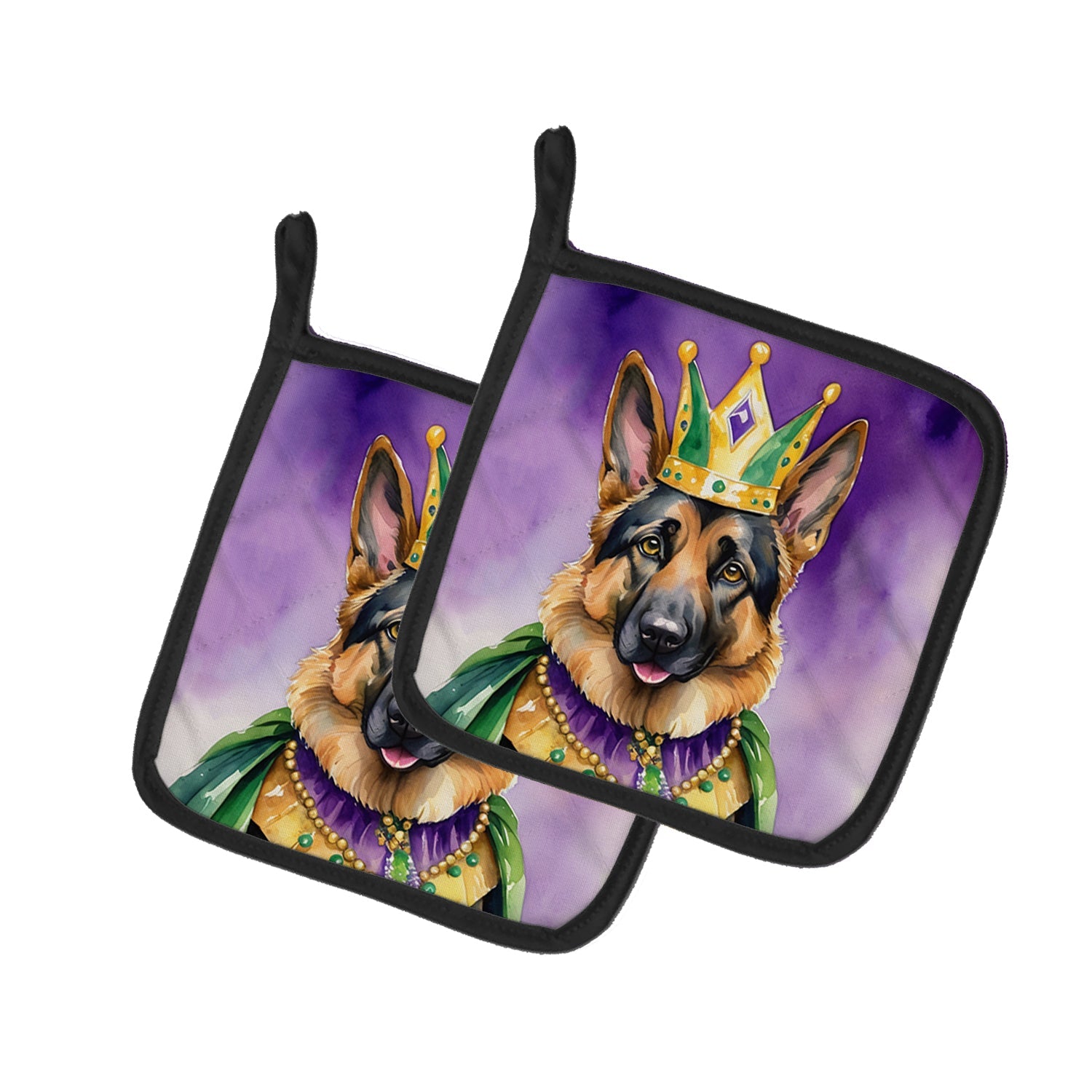 German Shepherd King of Mardi Gras Pot Holder Set of 2 Heat Resistant Quilted Hot Pads 7.5 x 7.5 Inch, Insulated Kitchen Trivets for Cooking & Baking