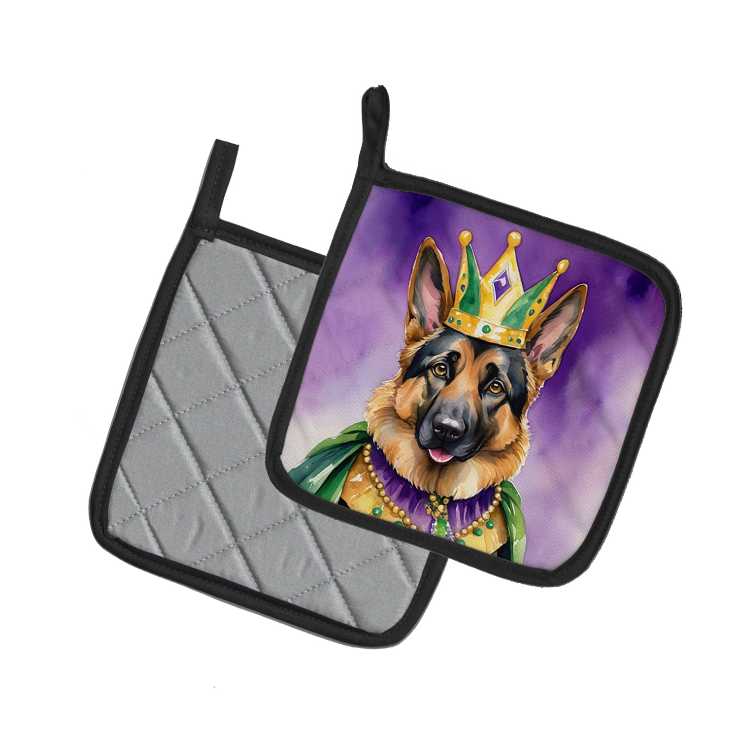 German Shepherd King of Mardi Gras Pot Holder Set of 2 Heat Resistant Quilted Hot Pads 7.5 x 7.5 Inch, Insulated Kitchen Trivets for Cooking & Baking