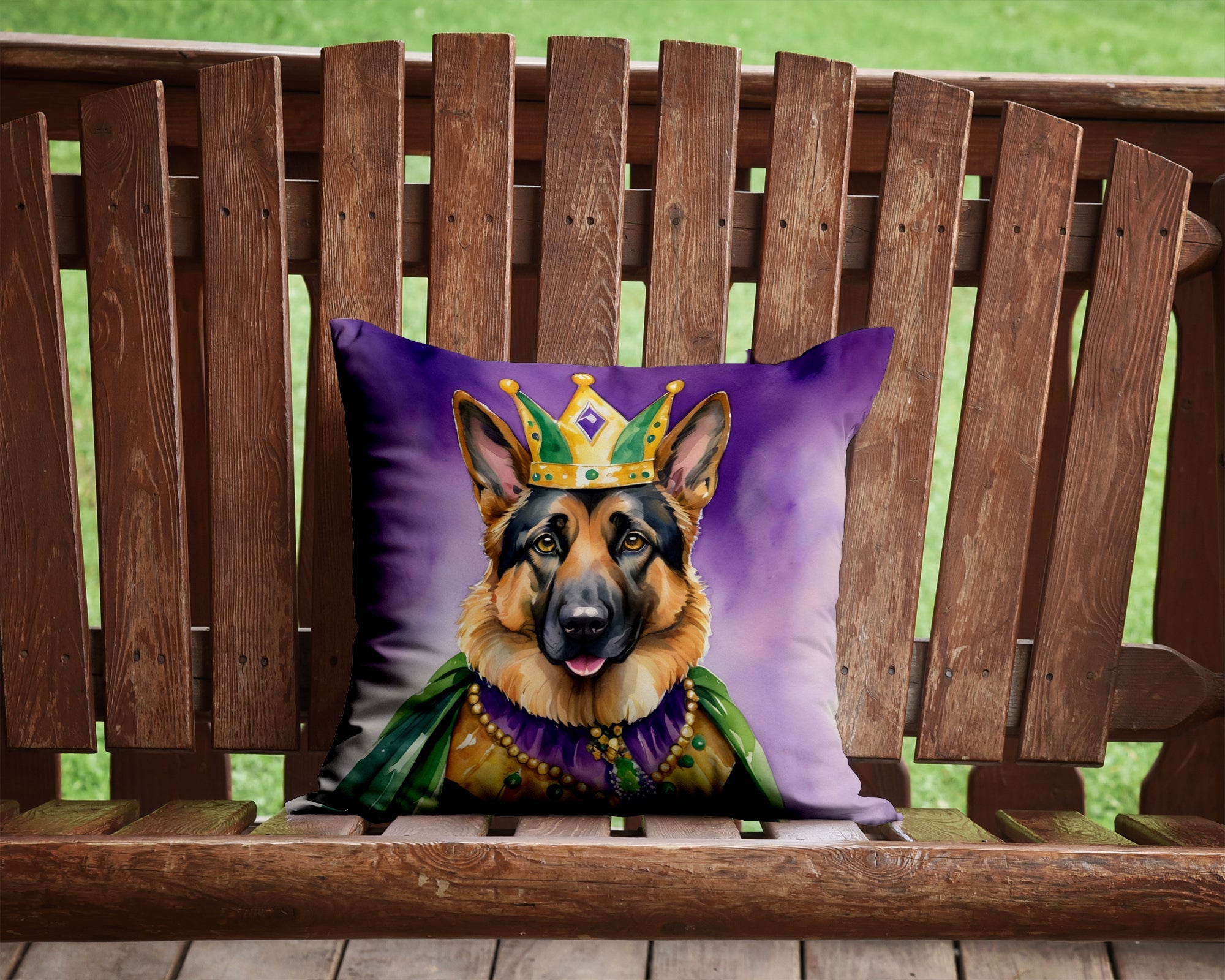 German Shepherd King of Mardi Gras Decorative Throw Pillow 14x14 Indoor Outdoor Accent Cushion, Fabric Cover with Insert for Sofa, Bed, Porch & Living Room