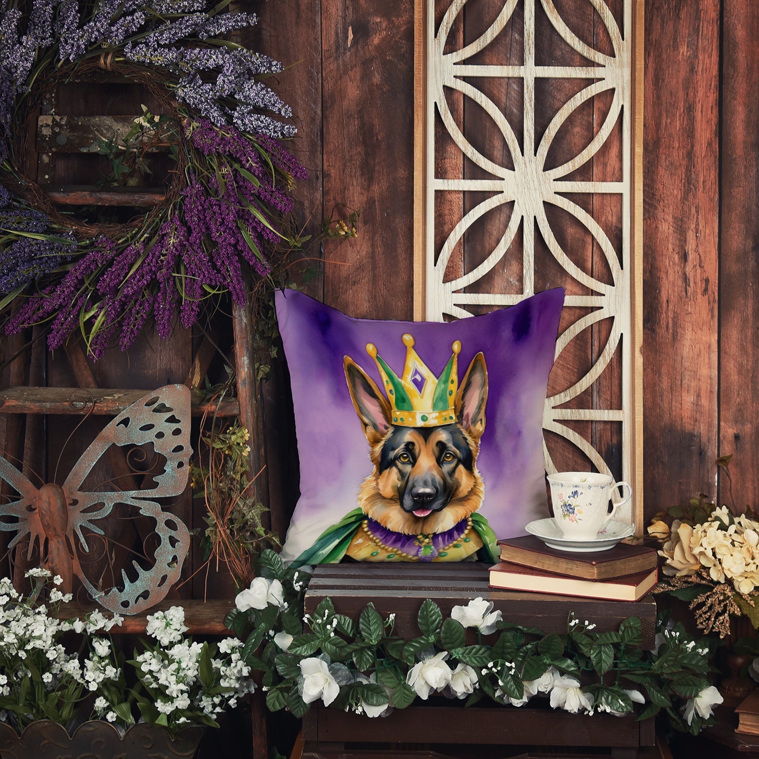 German Shepherd King of Mardi Gras Decorative Throw Pillow 18x18 Indoor Outdoor Accent Cushion, Fabric Cover with Insert for Sofa, Bed, Porch & Living Room