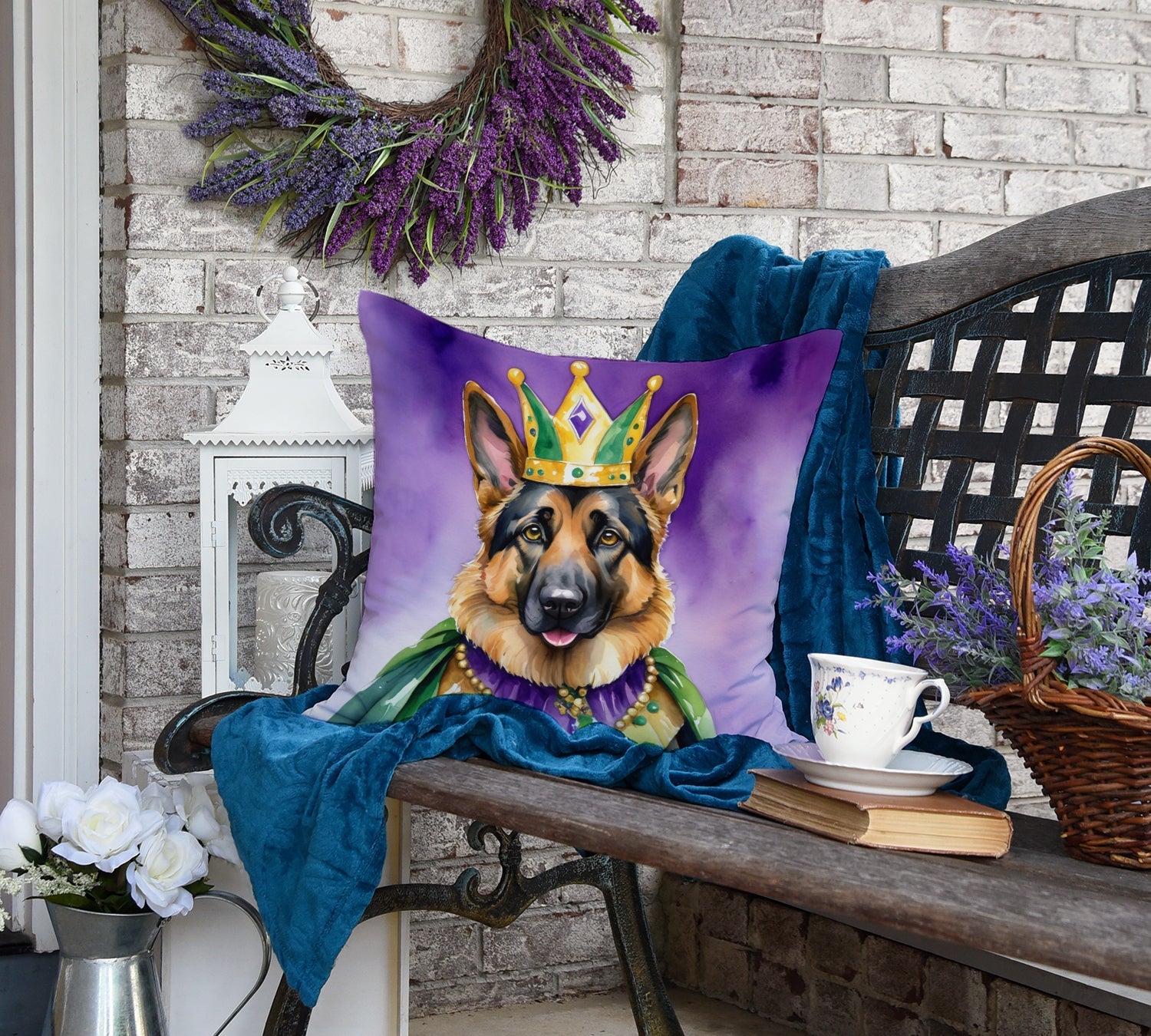 German Shepherd King of Mardi Gras Decorative Throw Pillow 18x18 Indoor Outdoor Accent Cushion, Fabric Cover with Insert for Sofa, Bed, Porch & Living Room