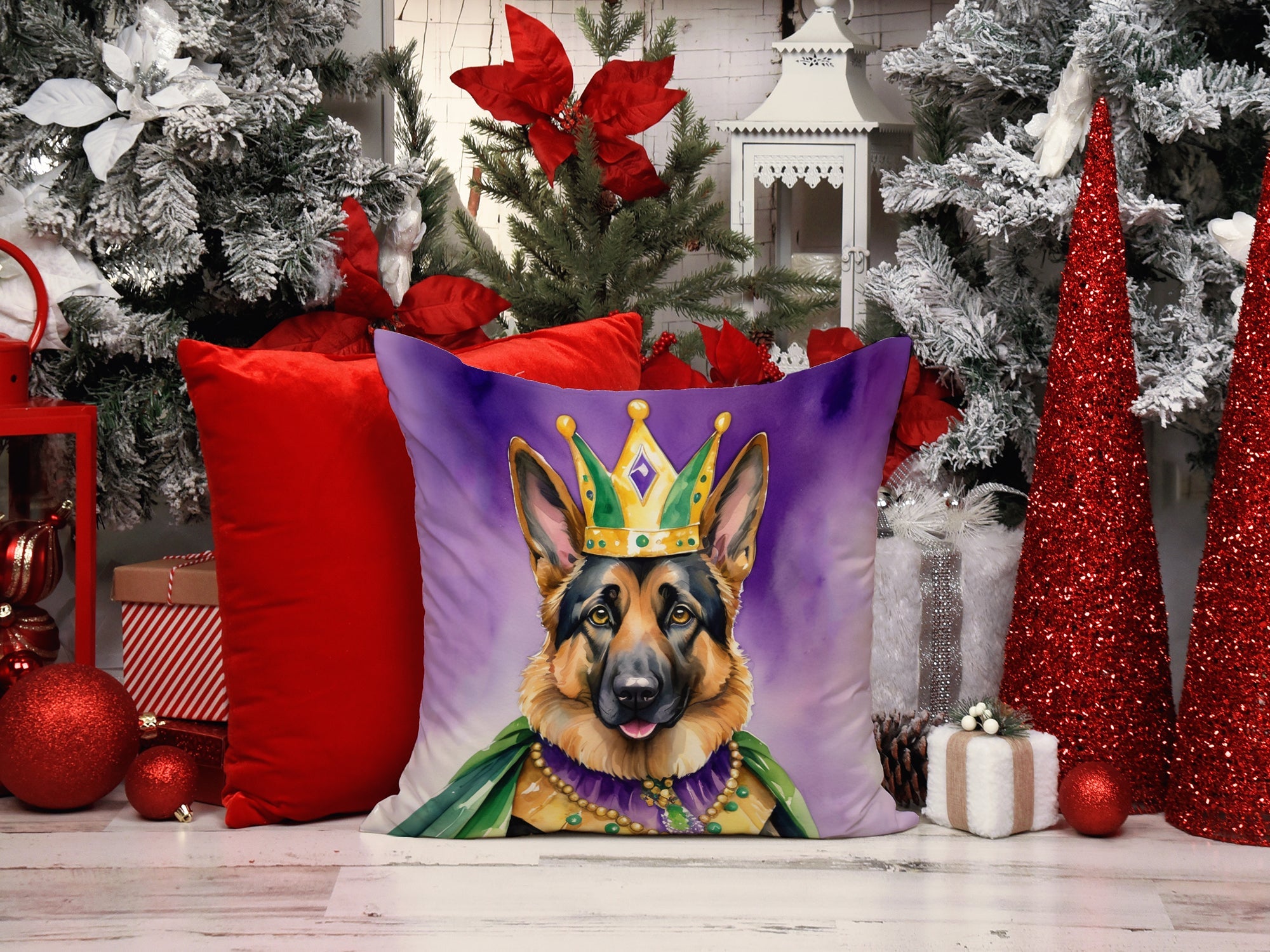German Shepherd King of Mardi Gras Decorative Throw Pillow 18x18 Indoor Outdoor Accent Cushion, Fabric Cover with Insert for Sofa, Bed, Porch & Living Room