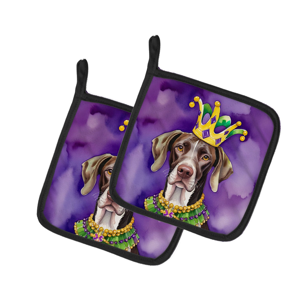 German Shorthaired Pointer King of Mardi Gras Pot Holder Set of 2 Heat Resistant Quilted Hot Pads 7.5 x 7.5 Inch, Insulated Kitchen Trivets for Cooking & Baking