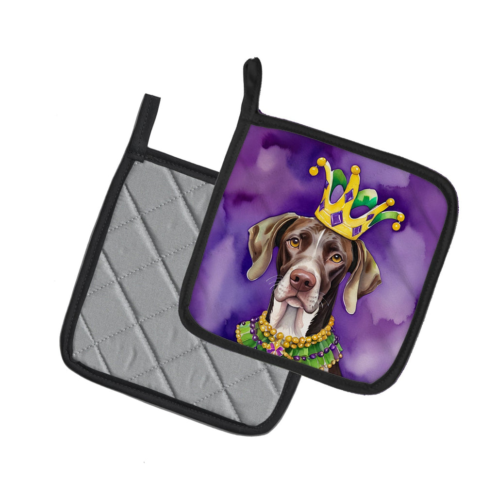German Shorthaired Pointer King of Mardi Gras Pot Holder Set of 2 Heat Resistant Quilted Hot Pads 7.5 x 7.5 Inch, Insulated Kitchen Trivets for Cooking & Baking