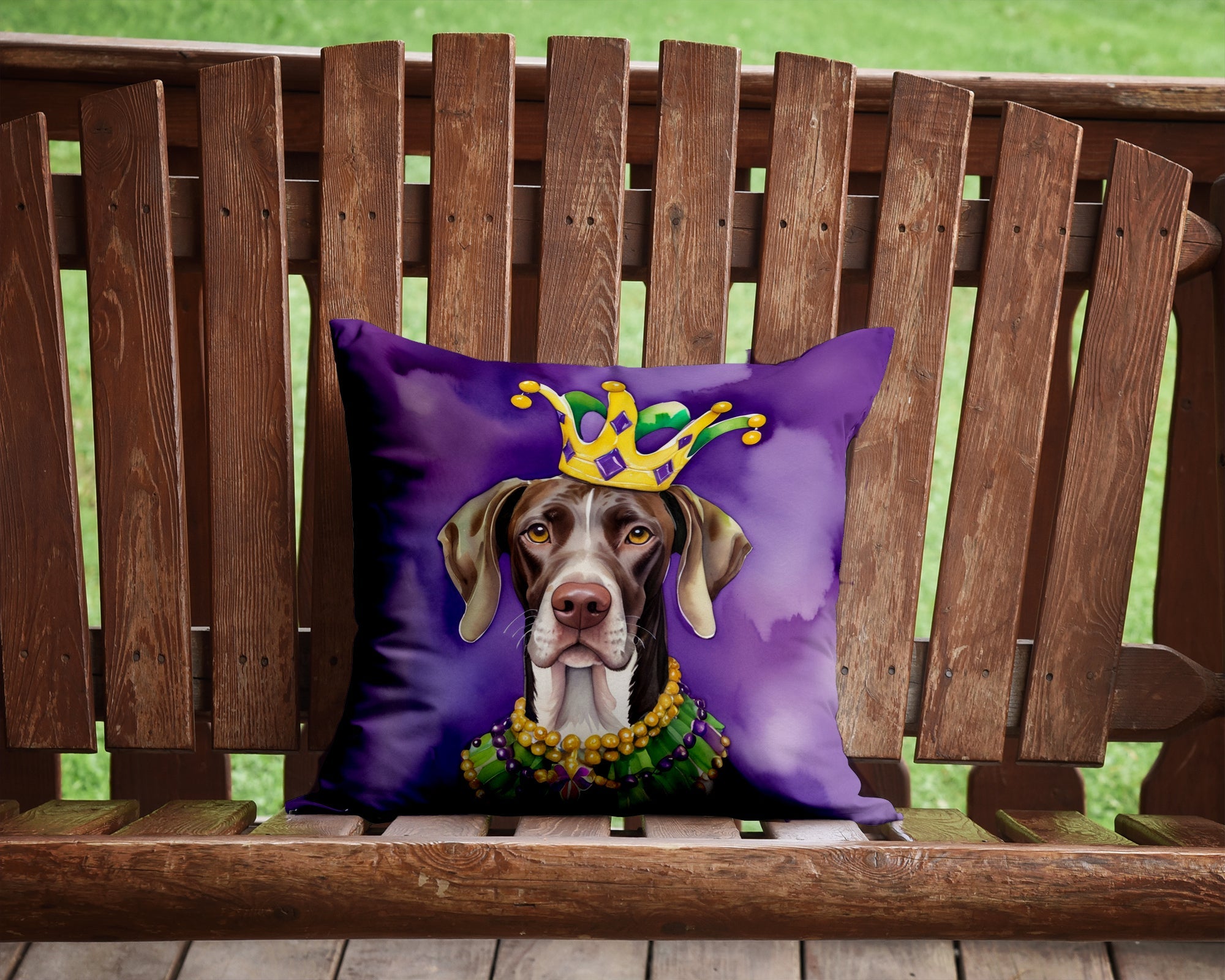 German Shorthaired Pointer King of Mardi Gras Decorative Throw Pillow 14x14 Indoor Outdoor Accent Cushion, Fabric Cover with Insert for Sofa, Bed, Porch & Living Room