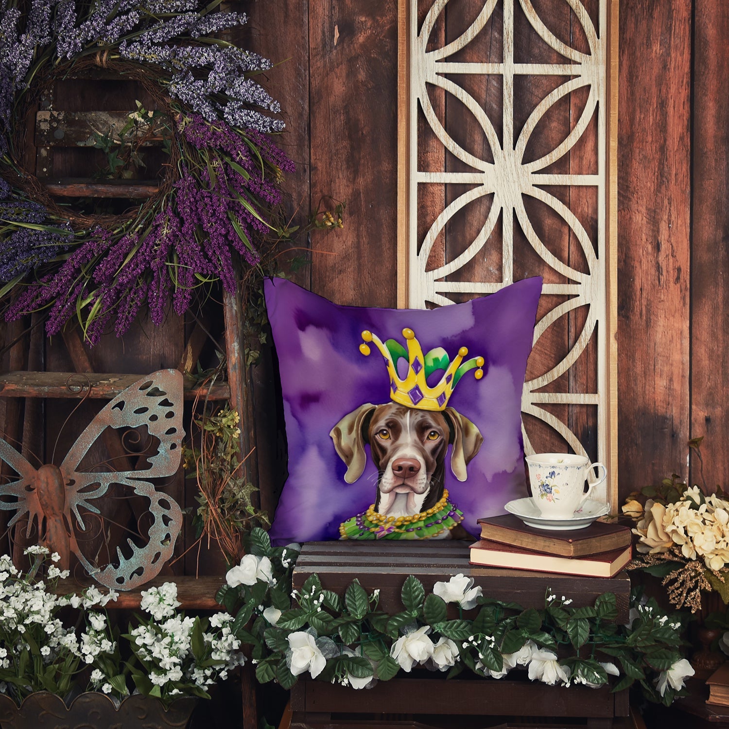 German Shorthaired Pointer King of Mardi Gras Decorative Throw Pillow 14x14 Indoor Outdoor Accent Cushion, Fabric Cover with Insert for Sofa, Bed, Porch & Living Room