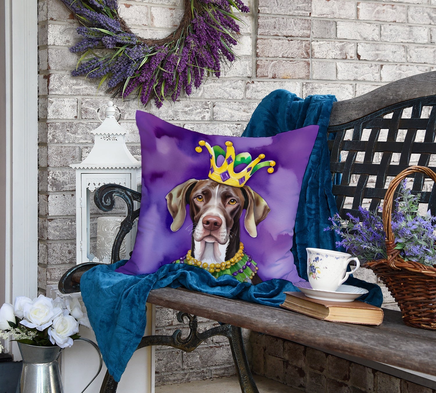 German Shorthaired Pointer King of Mardi Gras Decorative Throw Pillow 18x18 Indoor Outdoor Accent Cushion, Fabric Cover with Insert for Sofa, Bed, Porch & Living Room
