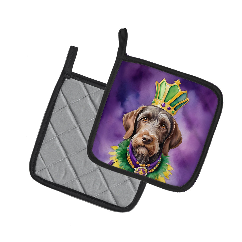 German Wirehaired Pointer King of Mardi Gras Pot Holder Set of 2 Heat Resistant Quilted Hot Pads 7.5 x 7.5 Inch, Insulated Kitchen Trivets for Cooking & Baking