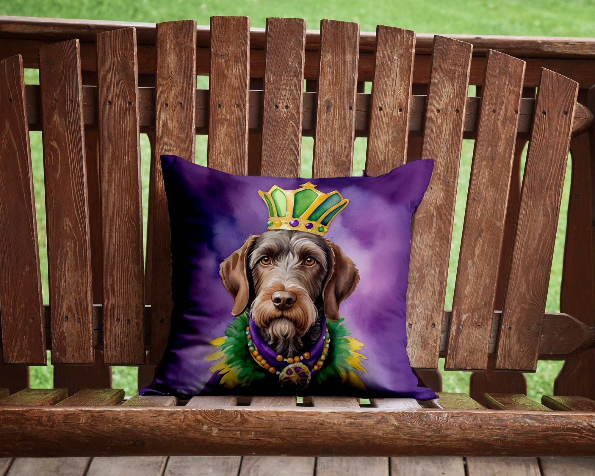 German Wirehaired Pointer King of Mardi Gras Decorative Throw Pillow 14x14 Indoor Outdoor Accent Cushion, Fabric Cover with Insert for Sofa, Bed, Porch & Living Room