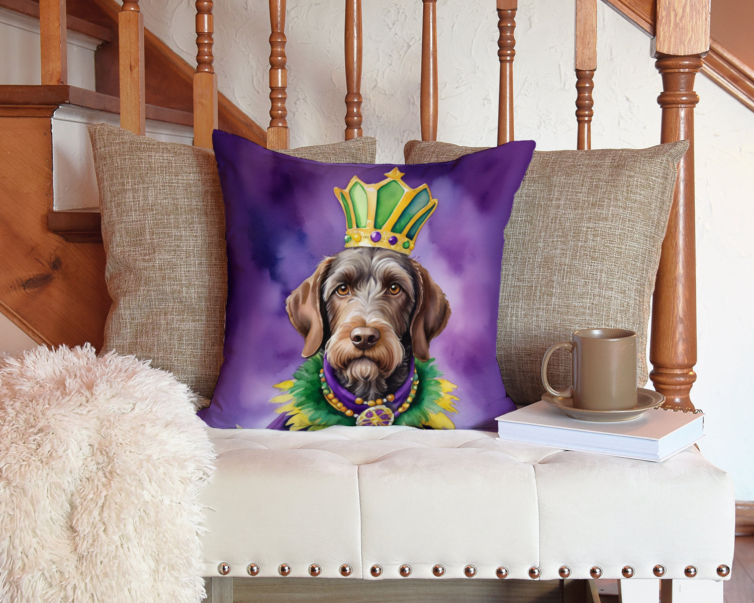 German Wirehaired Pointer King of Mardi Gras Decorative Throw Pillow 14x14 Indoor Outdoor Accent Cushion, Fabric Cover with Insert for Sofa, Bed, Porch & Living Room