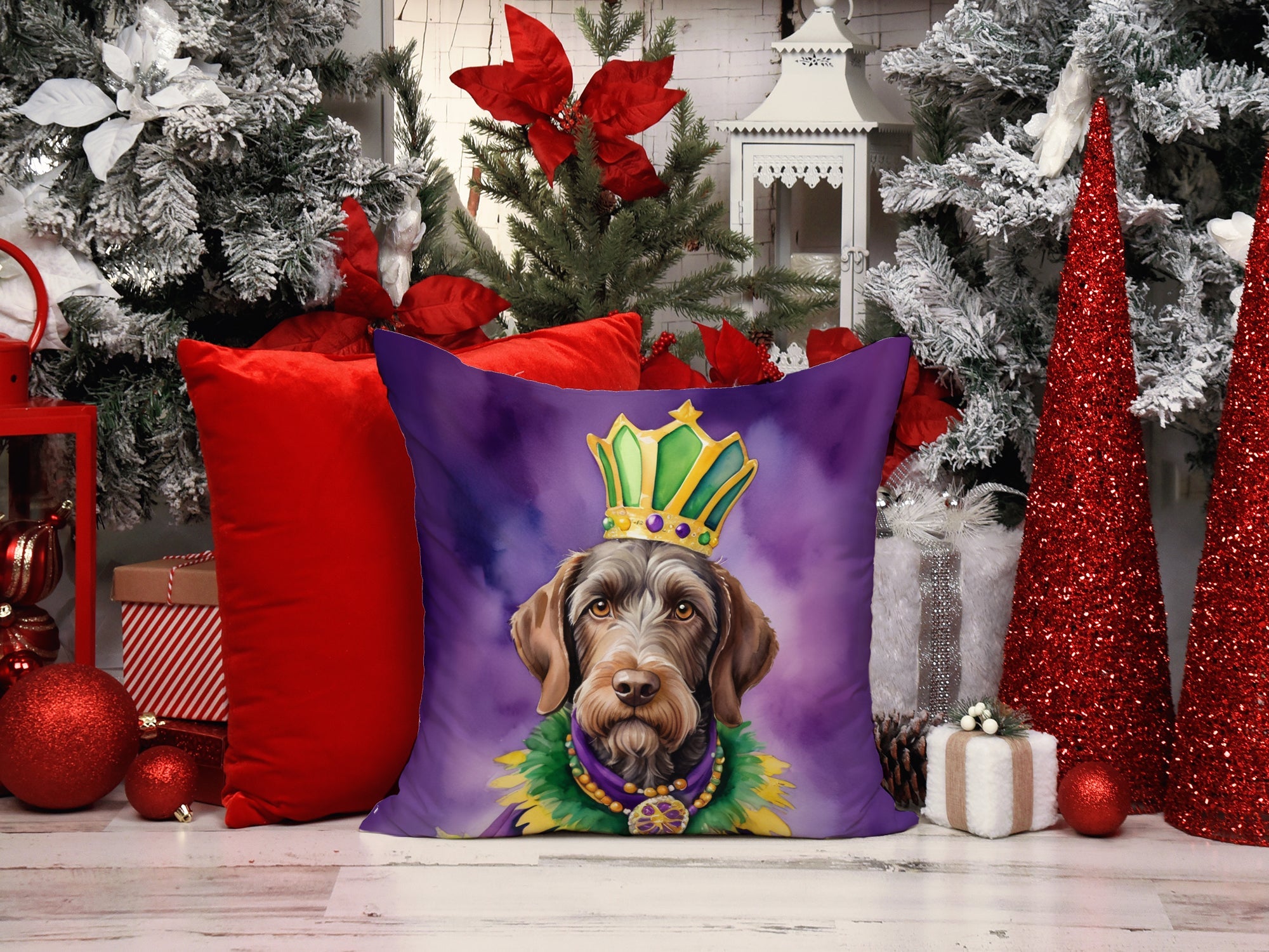 German Wirehaired Pointer King of Mardi Gras Decorative Throw Pillow 14x14 Indoor Outdoor Accent Cushion, Fabric Cover with Insert for Sofa, Bed, Porch & Living Room