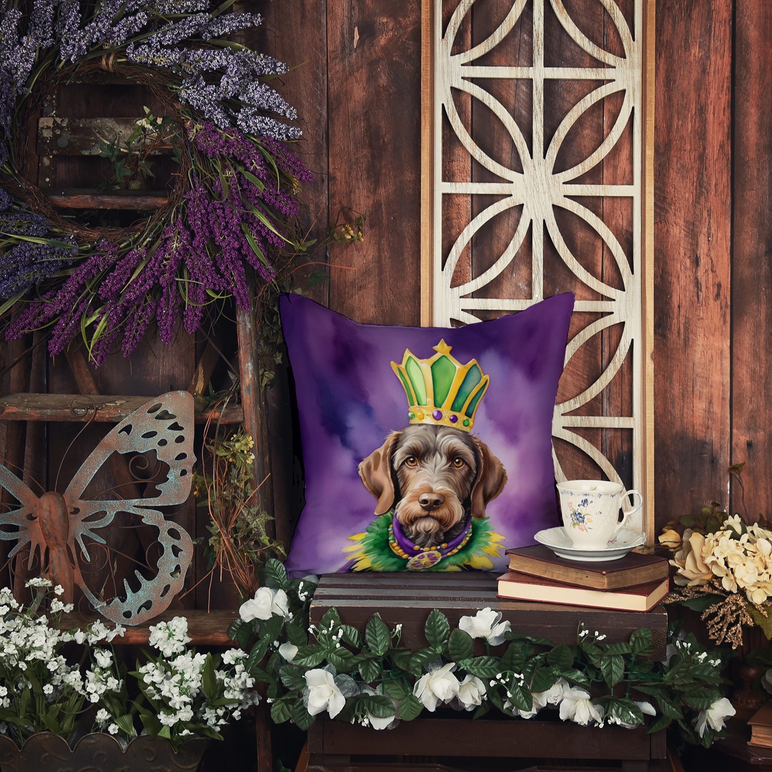 German Wirehaired Pointer King of Mardi Gras Decorative Throw Pillow 18x18 Indoor Outdoor Accent Cushion, Fabric Cover with Insert for Sofa, Bed, Porch & Living Room
