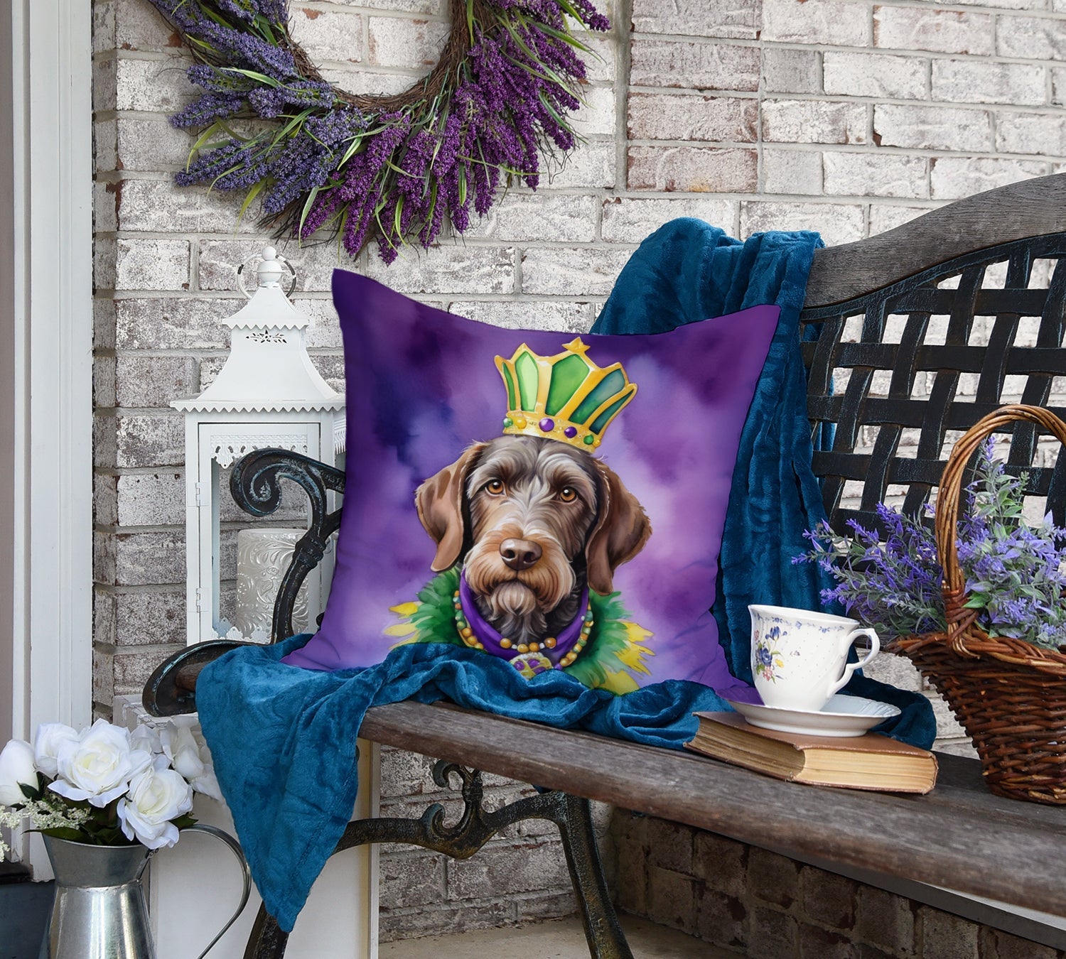 German Wirehaired Pointer King of Mardi Gras Decorative Throw Pillow 18x18 Indoor Outdoor Accent Cushion, Fabric Cover with Insert for Sofa, Bed, Porch & Living Room