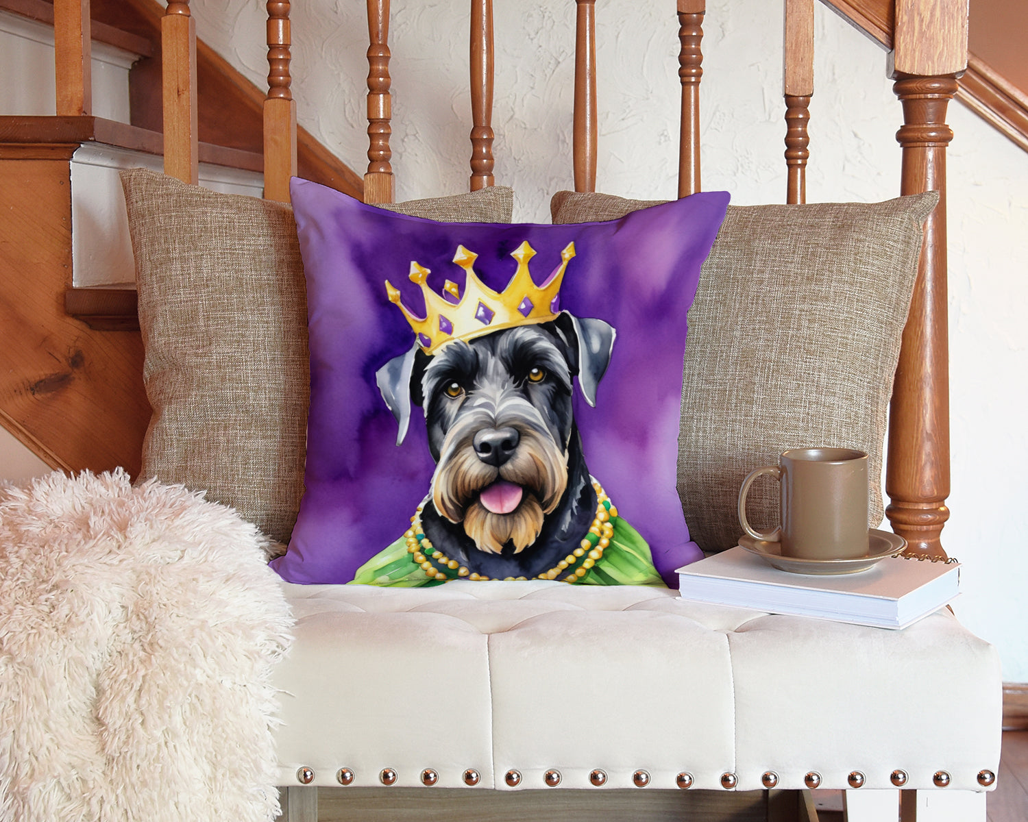 Giant Schnauzer King of Mardi Gras Decorative Throw Pillow 14x14 Indoor Outdoor Accent Cushion, Fabric Cover with Insert for Sofa, Bed, Porch & Living Room