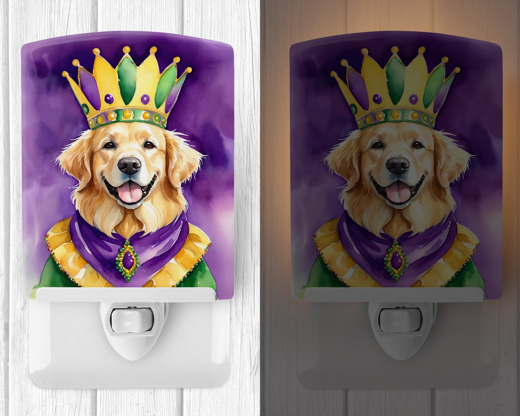 Golden Retriever King of Mardi Gras Ceramic Night Light Compact, UL-Certified, Ideal for Bedroom, Bathroom, Nursery, Hallway, Kitchen, 6x4x3, Multicolor