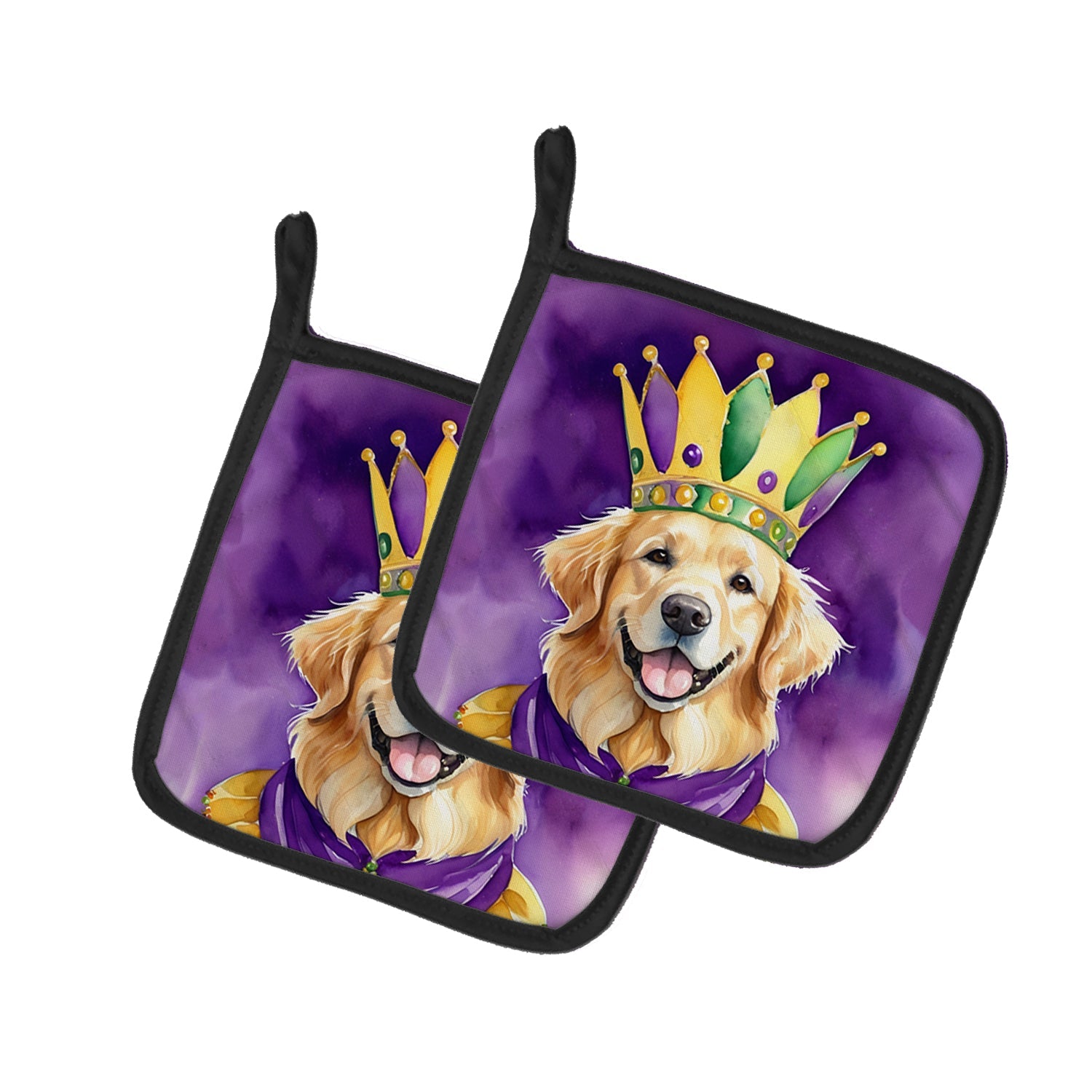 Golden Retriever King of Mardi Gras Pot Holder Set of 2 Heat Resistant Quilted Hot Pads 7.5 x 7.5 Inch, Insulated Kitchen Trivets for Cooking & Baking