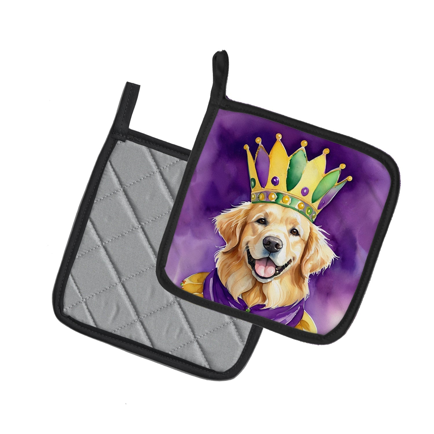 Golden Retriever King of Mardi Gras Pot Holder Set of 2 Heat Resistant Quilted Hot Pads 7.5 x 7.5 Inch, Insulated Kitchen Trivets for Cooking & Baking