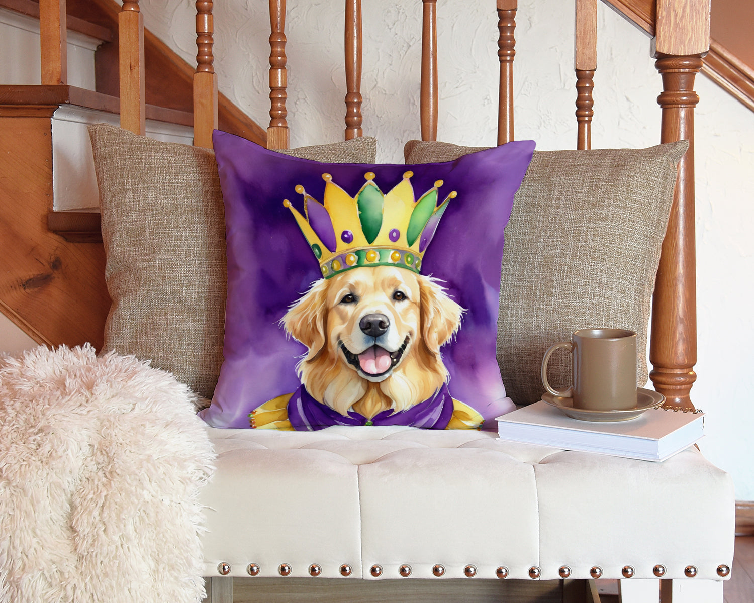 Golden Retriever King of Mardi Gras Decorative Throw Pillow 14x14 Indoor Outdoor Accent Cushion, Fabric Cover with Insert for Sofa, Bed, Porch & Living Room