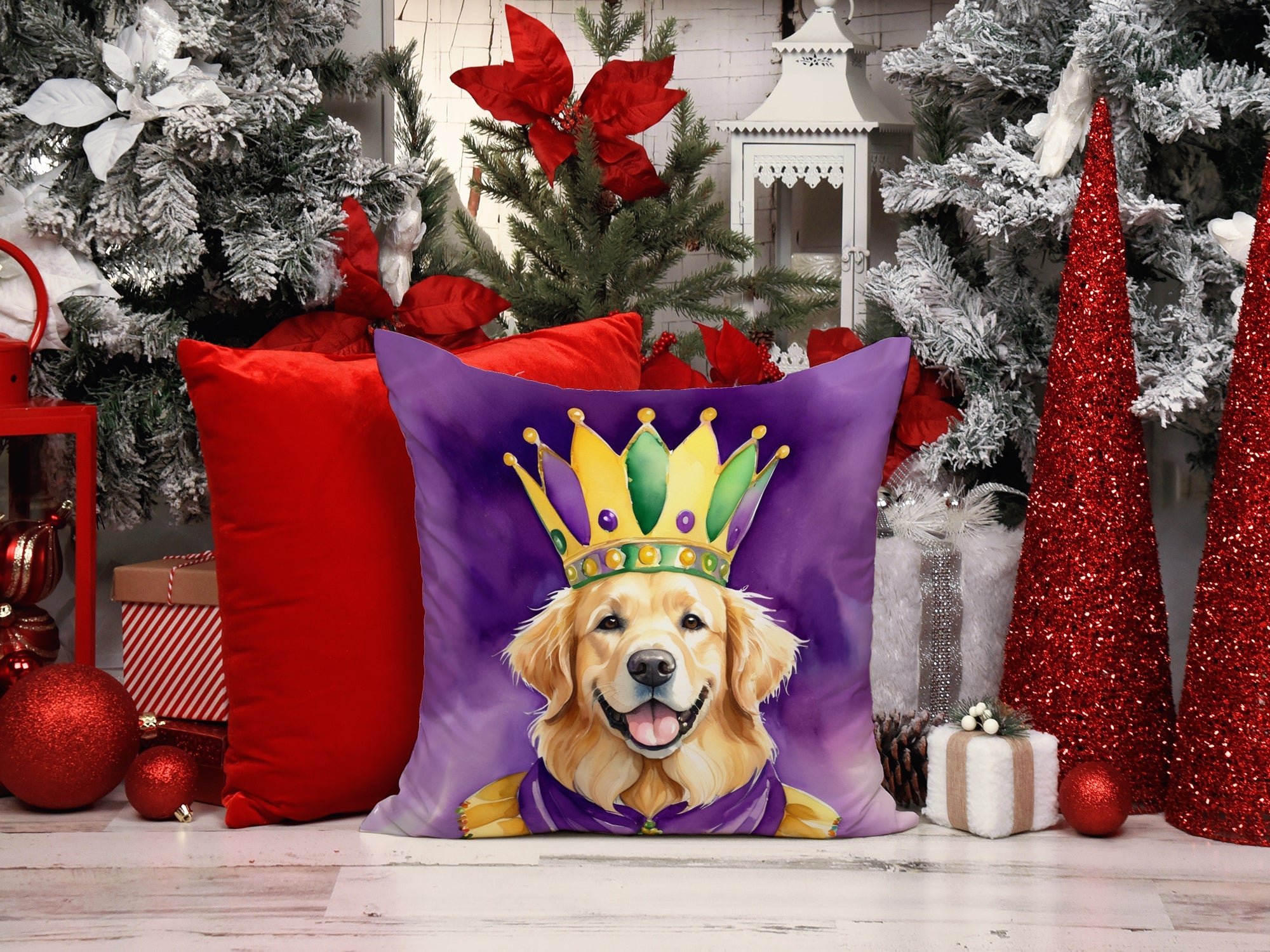 Golden Retriever King of Mardi Gras Decorative Throw Pillow 18x18 Indoor Outdoor Accent Cushion, Fabric Cover with Insert for Sofa, Bed, Porch & Living Room