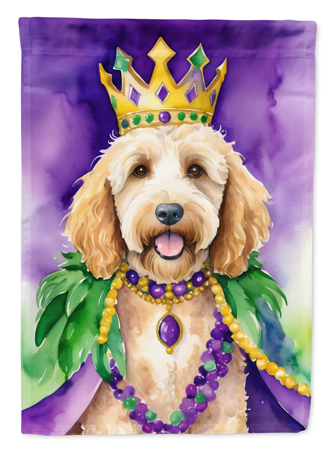 Goldendoodle King of Mardi Gras House Flag 28x40 Porch Sleeve Pole Decorative Outside Yard Banner Artwork Wall Hanging, Polyester