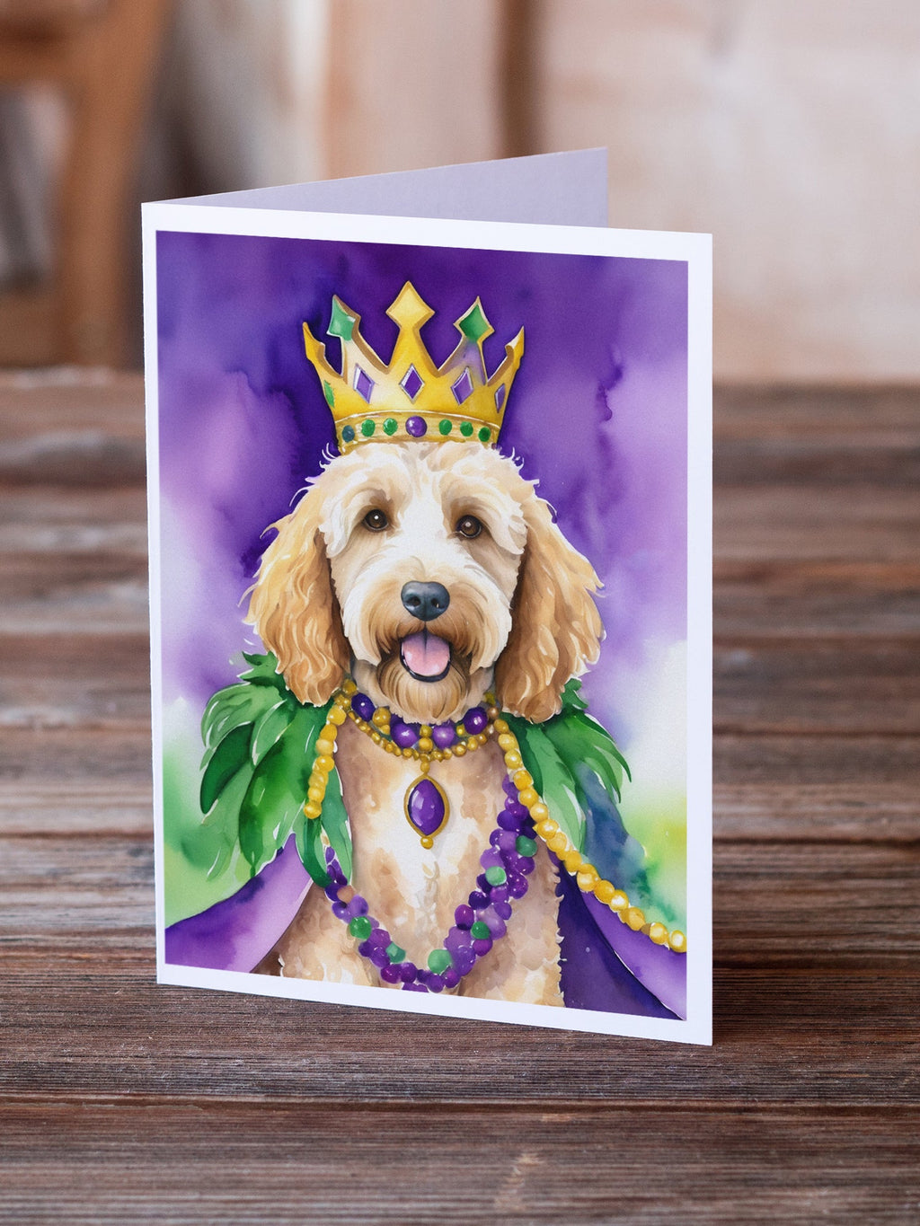 Goldendoodle King of Mardi Gras Greeting Cards Pack of 8 Blank Cards with Envelopes Whimsical A7 Size 5x7