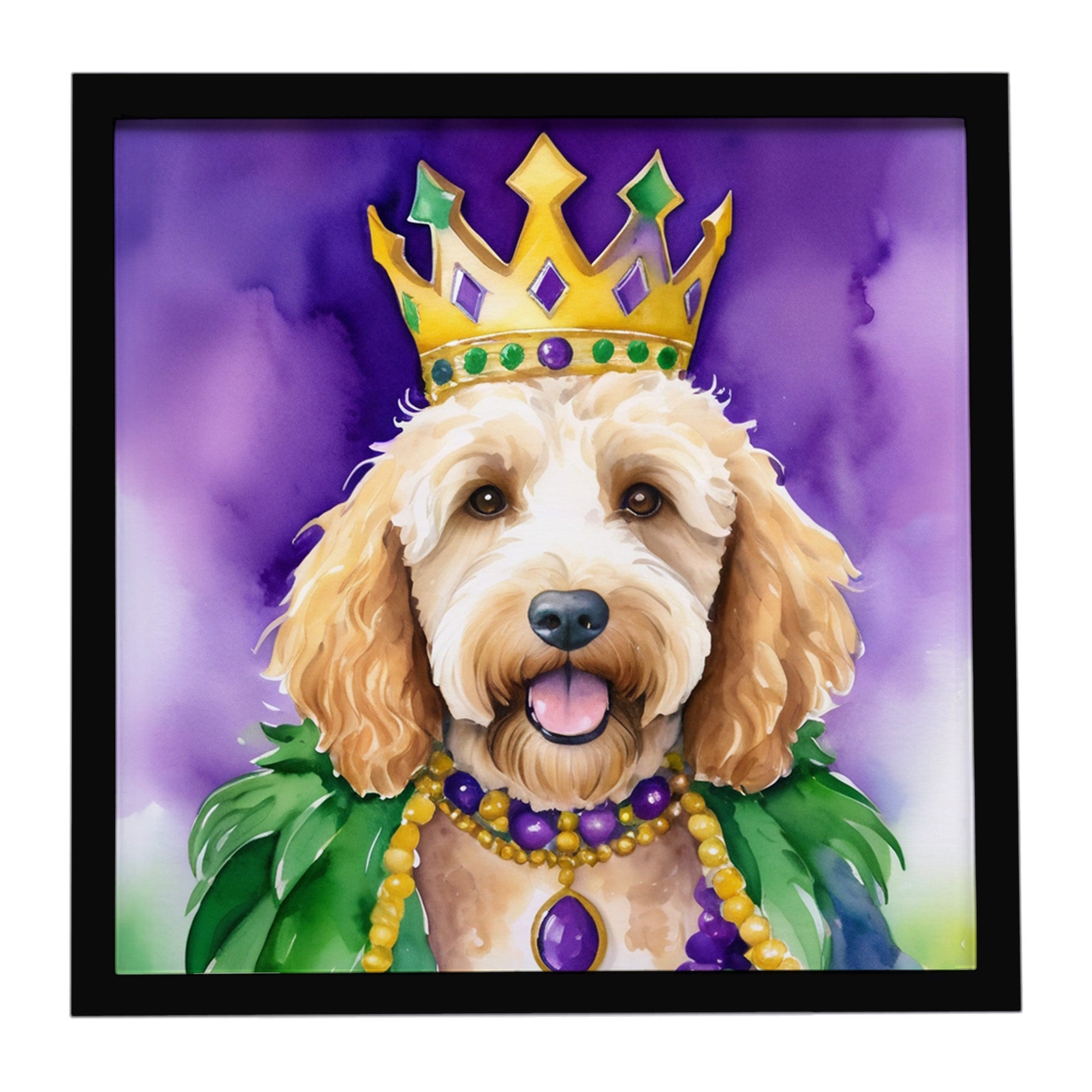 Goldendoodle King of Mardi Gras Framed Metal Print Bathroom, Kitchen, Office, Home Decor Wall Art Ready to Hang, Square, 8X8