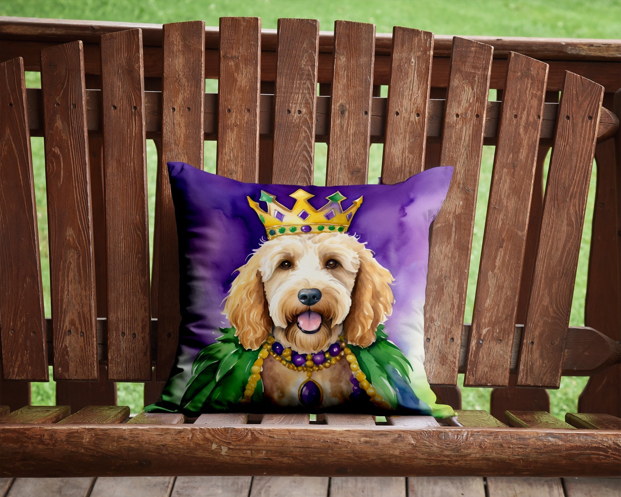 Goldendoodle King of Mardi Gras Decorative Throw Pillow 14x14 Indoor Outdoor Accent Cushion, Fabric Cover with Insert for Sofa, Bed, Porch & Living Room