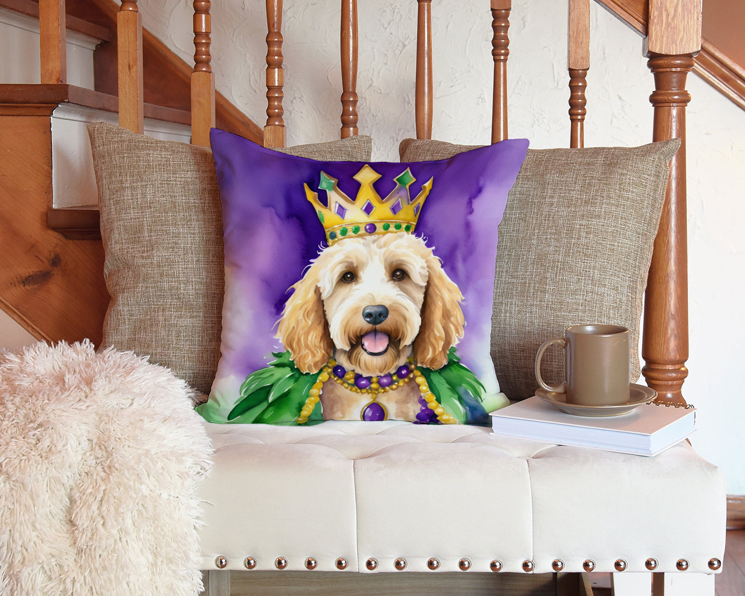 Goldendoodle King of Mardi Gras Decorative Throw Pillow 14x14 Indoor Outdoor Accent Cushion, Fabric Cover with Insert for Sofa, Bed, Porch & Living Room