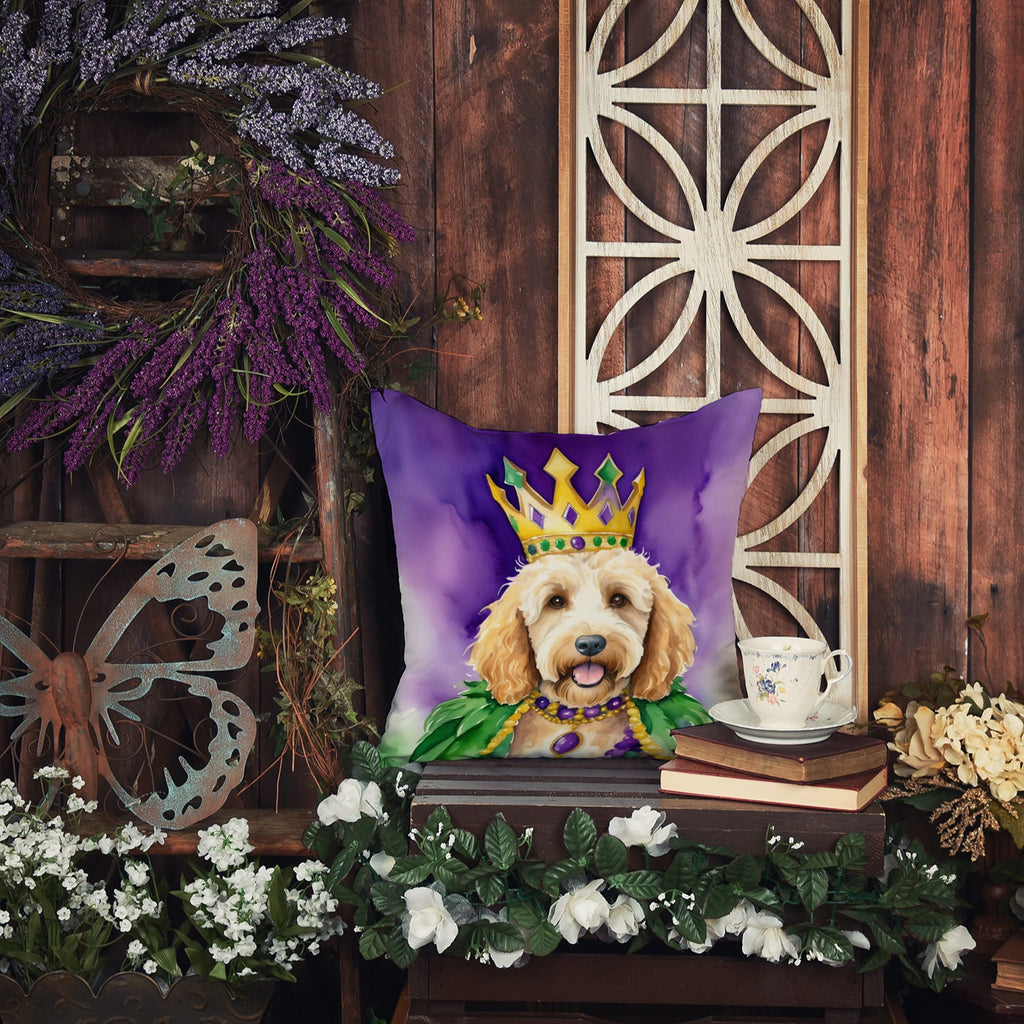 Goldendoodle King of Mardi Gras Decorative Throw Pillow 14x14 Indoor Outdoor Accent Cushion, Fabric Cover with Insert for Sofa, Bed, Porch & Living Room