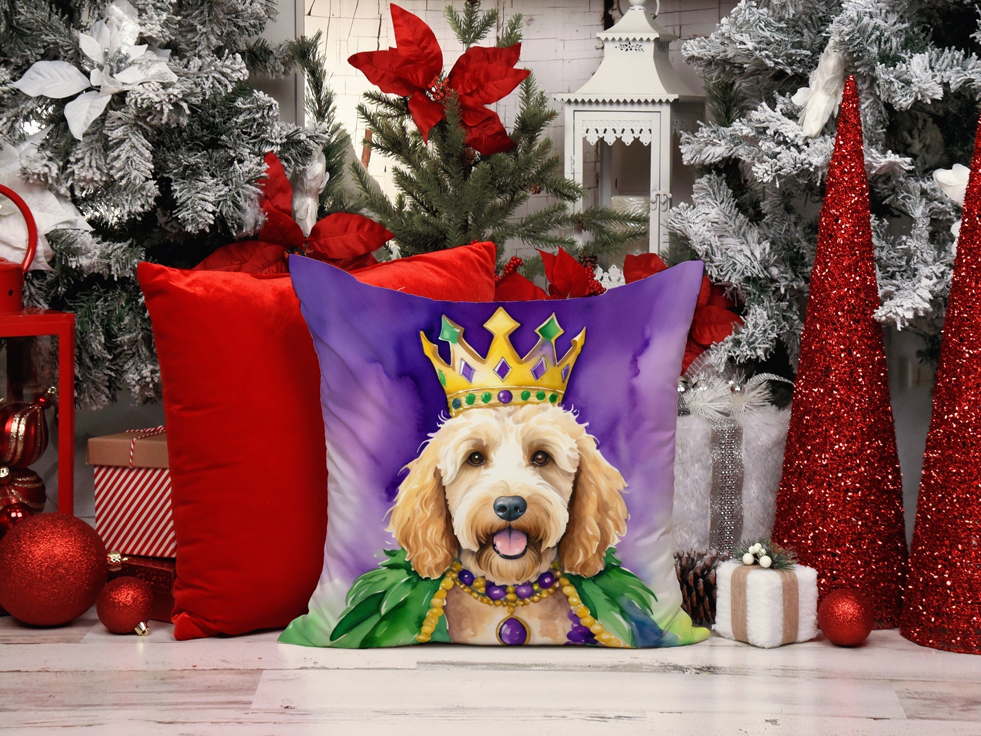 Goldendoodle King of Mardi Gras Decorative Throw Pillow 14x14 Indoor Outdoor Accent Cushion, Fabric Cover with Insert for Sofa, Bed, Porch & Living Room