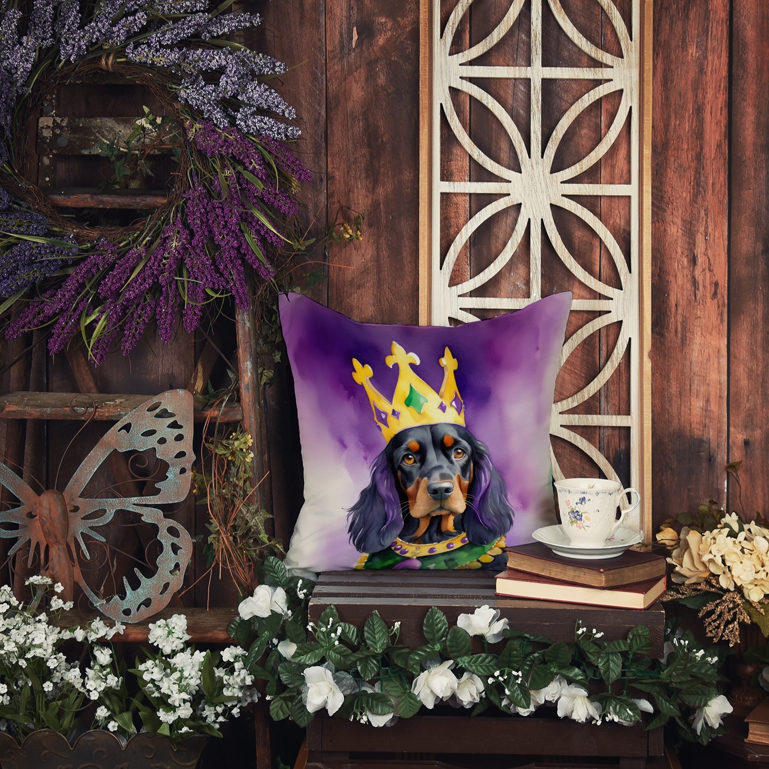 Gordon Setter King of Mardi Gras Decorative Throw Pillow 14x14 Indoor Outdoor Accent Cushion, Fabric Cover with Insert for Sofa, Bed, Porch & Living Room