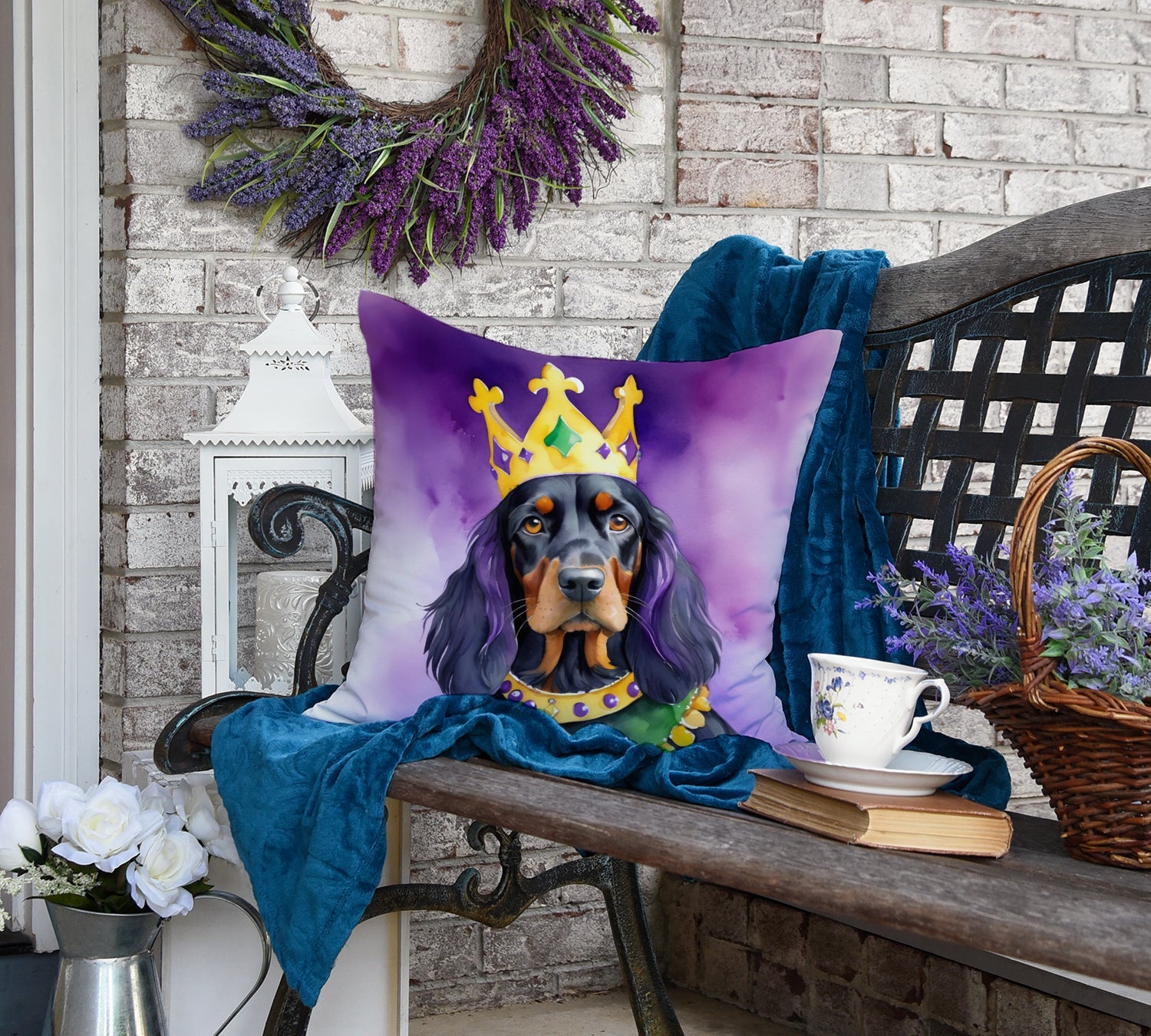 Gordon Setter King of Mardi Gras Decorative Throw Pillow 18x18 Indoor Outdoor Accent Cushion, Fabric Cover with Insert for Sofa, Bed, Porch & Living Room